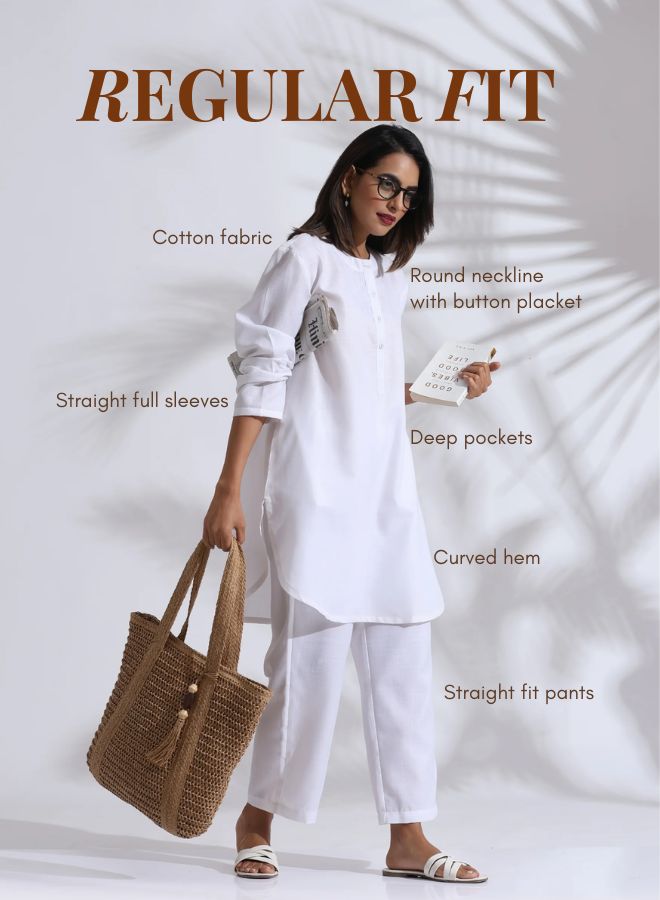 trueBrowns White Slub Kurta Co-ord Set