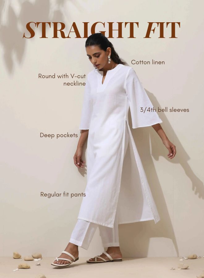 trueBrowns White Cotton Linen Kurta Pant Set