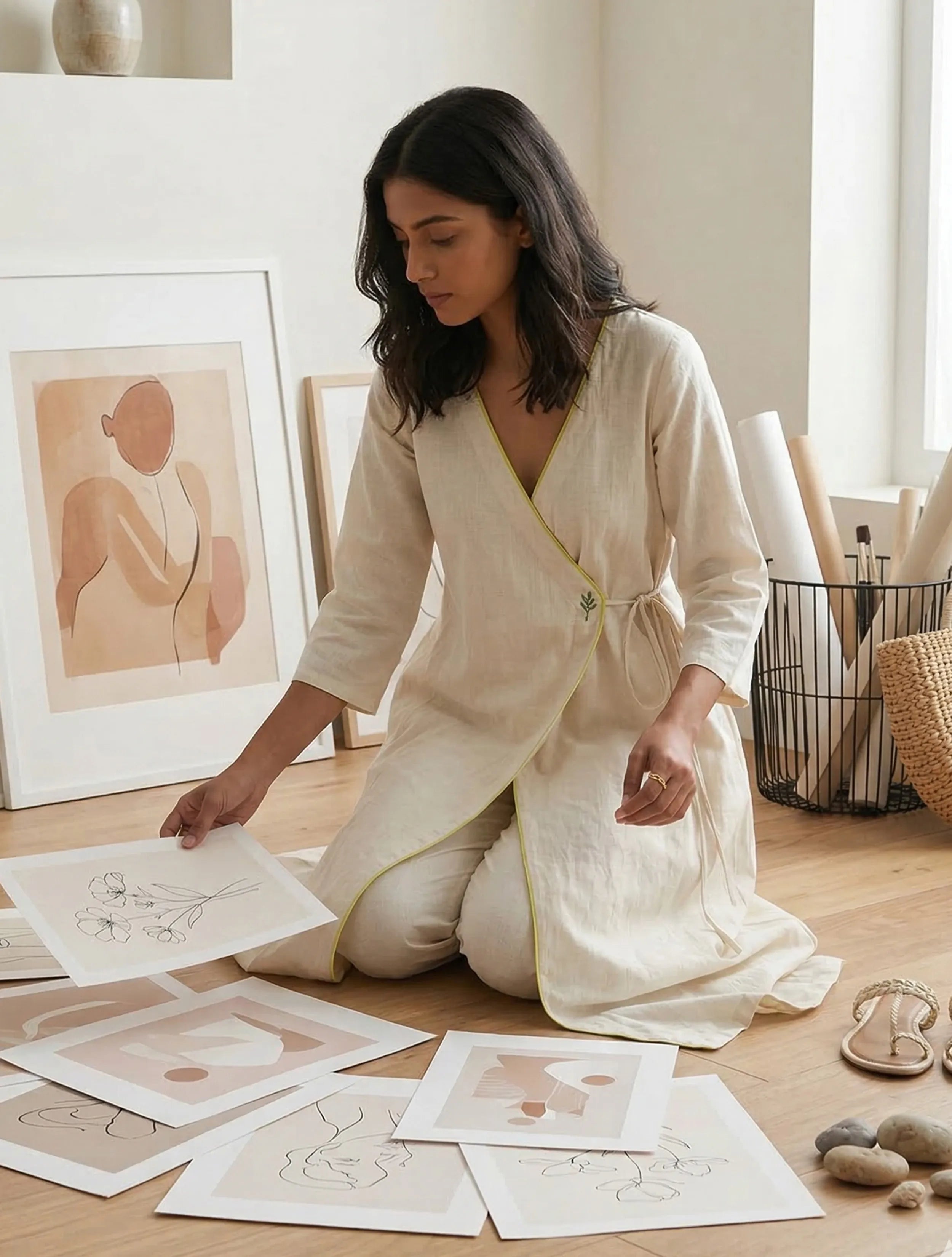 trueBrowns Off White Cotton Linen Angrakha Kurta Pant Set