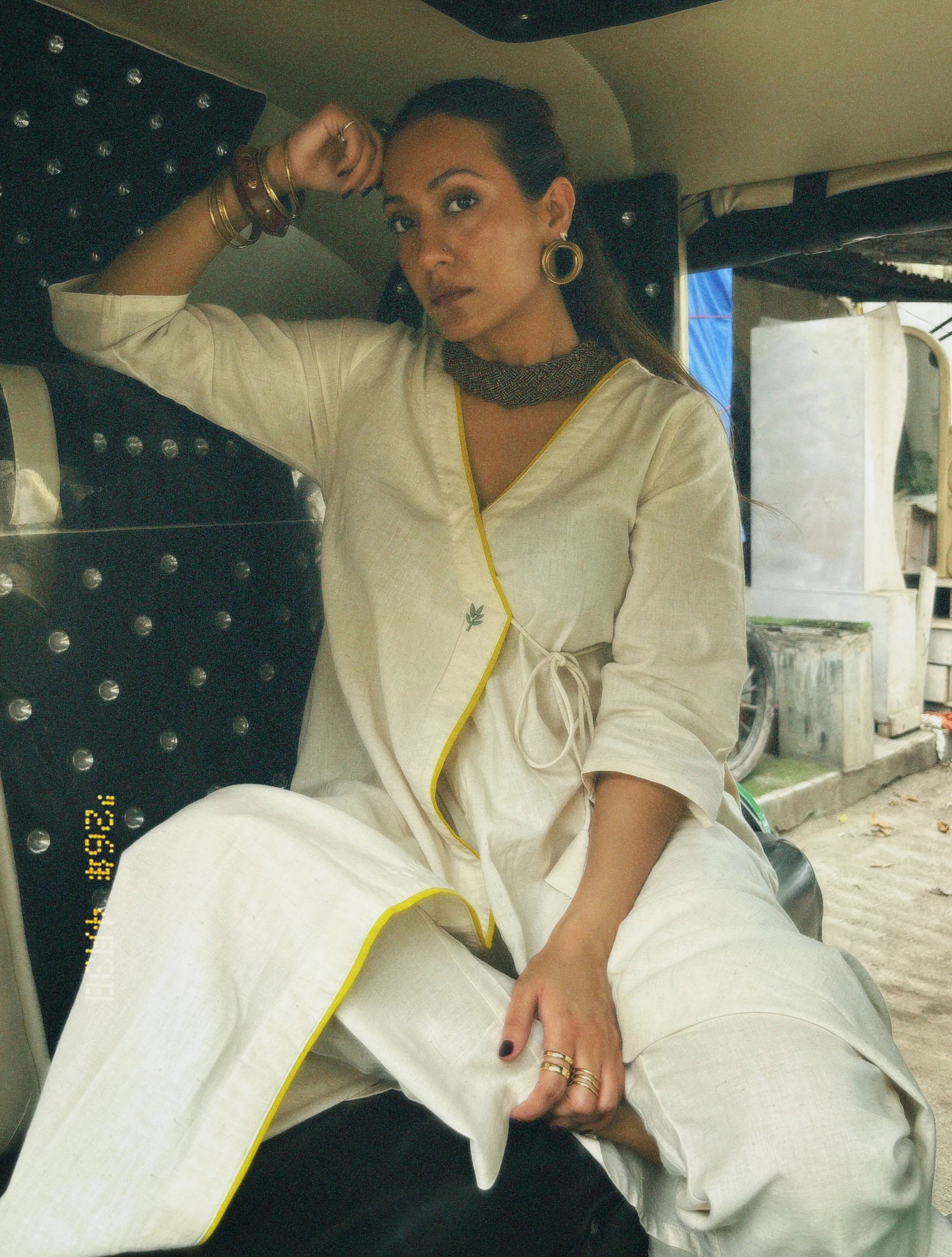 trueBrowns Off White Cotton Linen Angrakha Kurta Pant Set