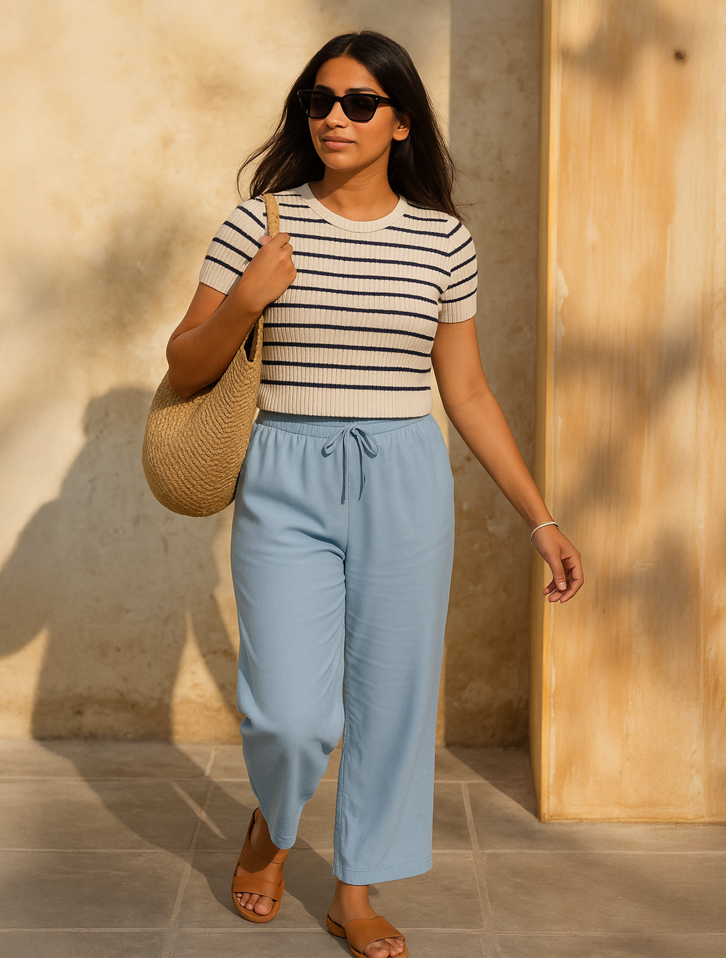 trueBrowns Light Blue Cotton Blend Straight Drawstring Pants