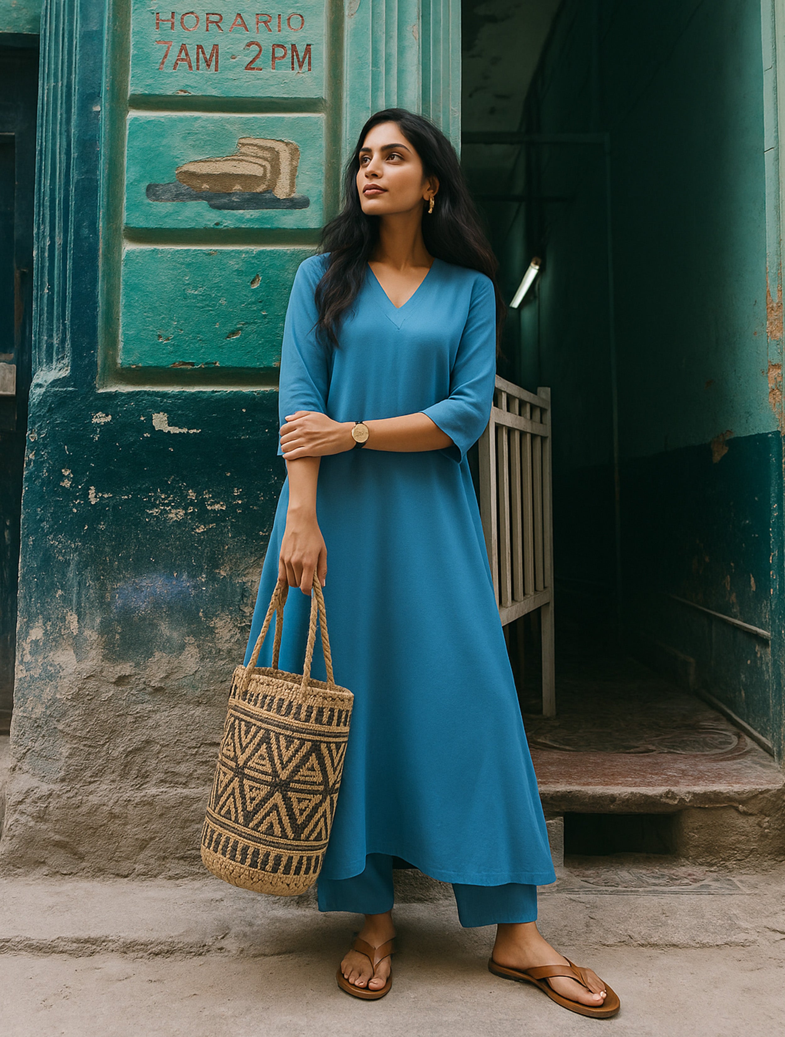 trueBrowns Blue Viscose Kurta Pant Set
