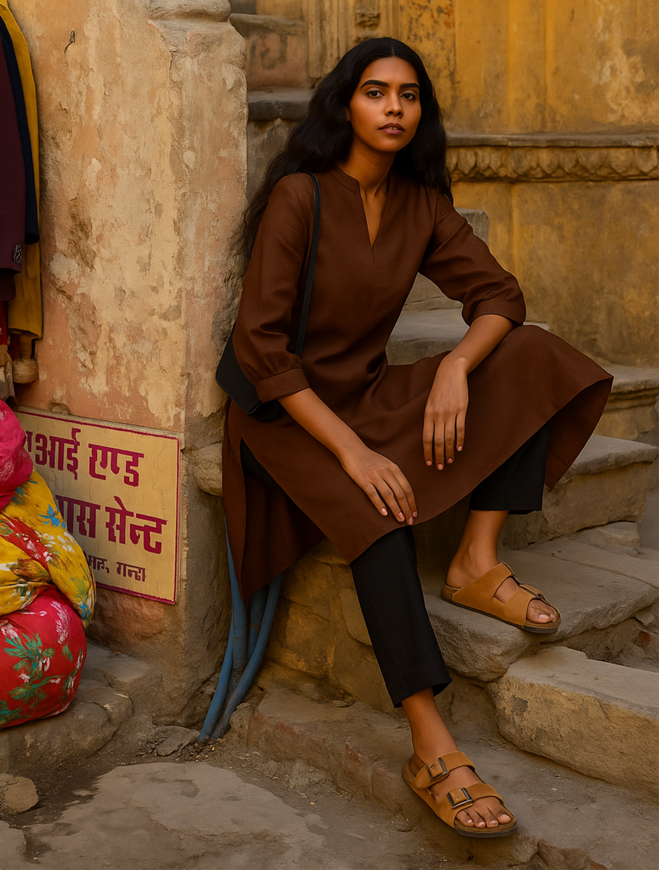 trueBrowns Brown Cotton Blend Short Kurta