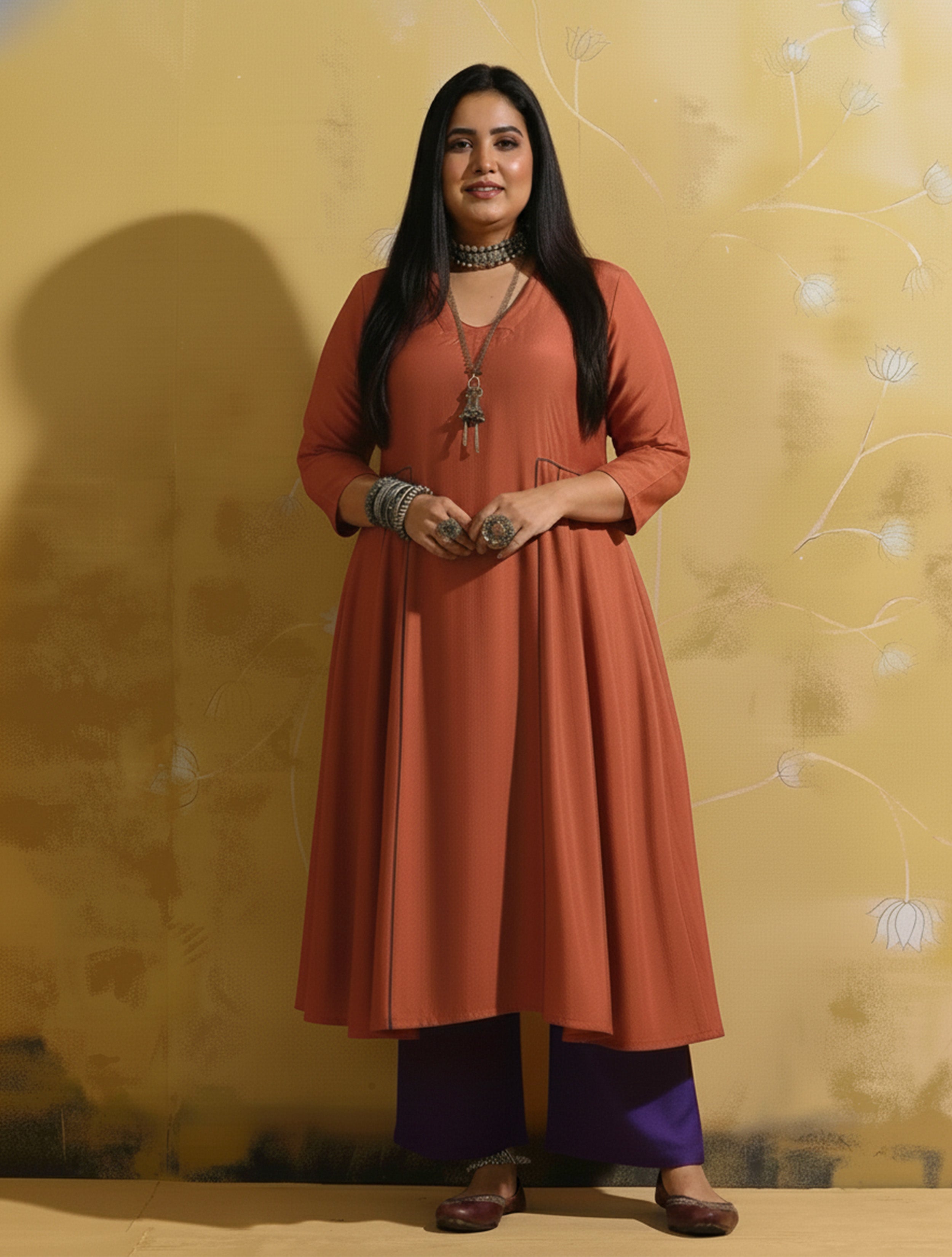 trueBrowns Rust Muslin Silk Fit and Flare Kurta Pant Set