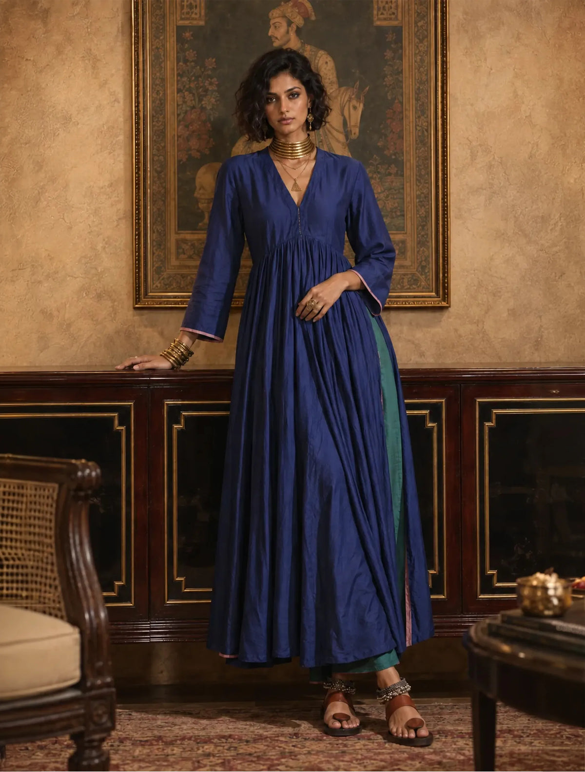 trueBrowns Blue Muslin Silk Anarkali Kurta Pant Set