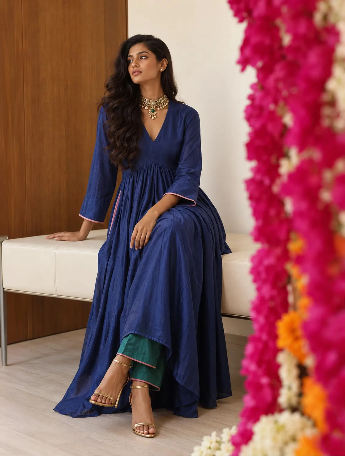 trueBrowns Blue Muslin Silk Anarkali Kurta Pant Set
