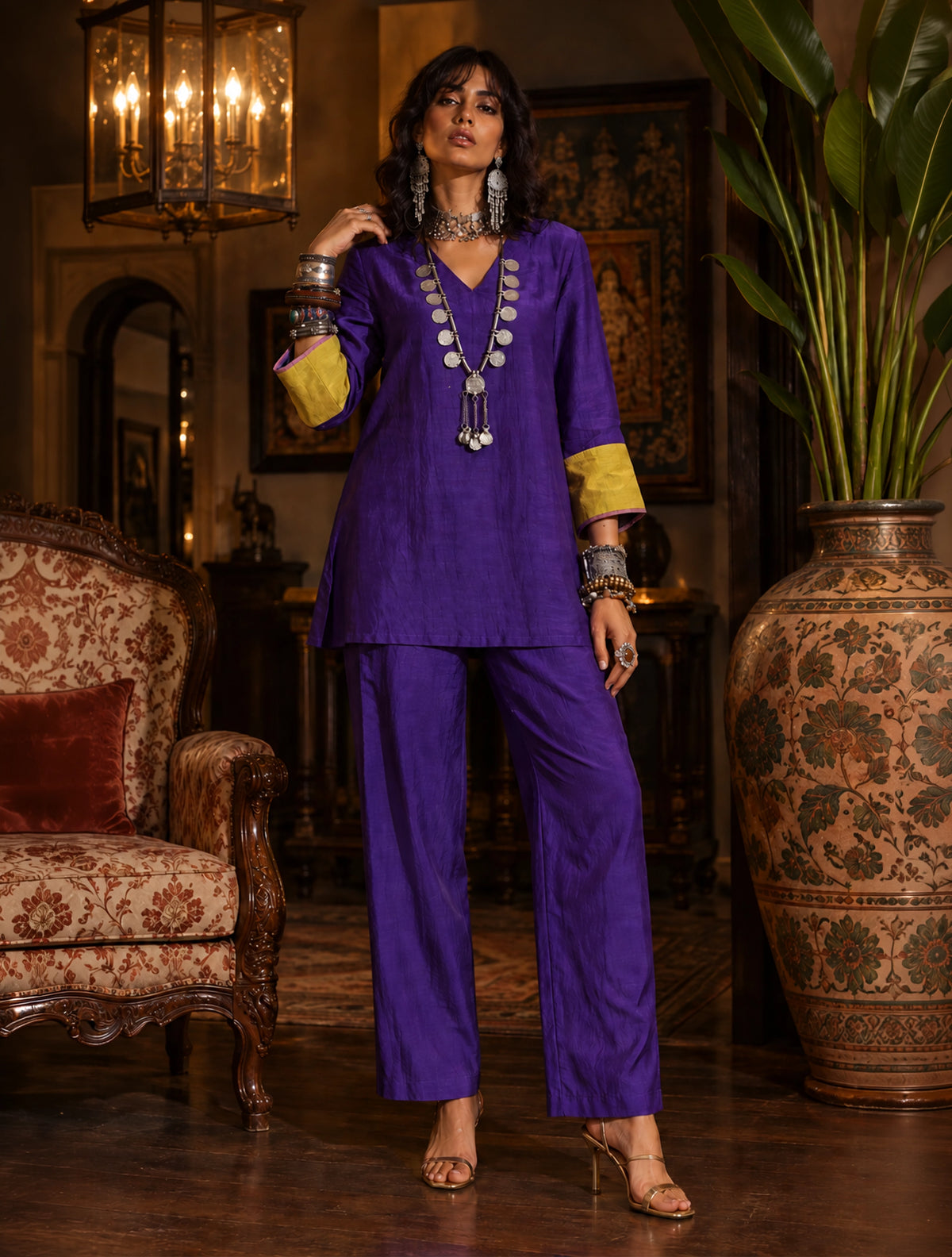 trueBrowns Purple Muslin Silk Co-ord Set