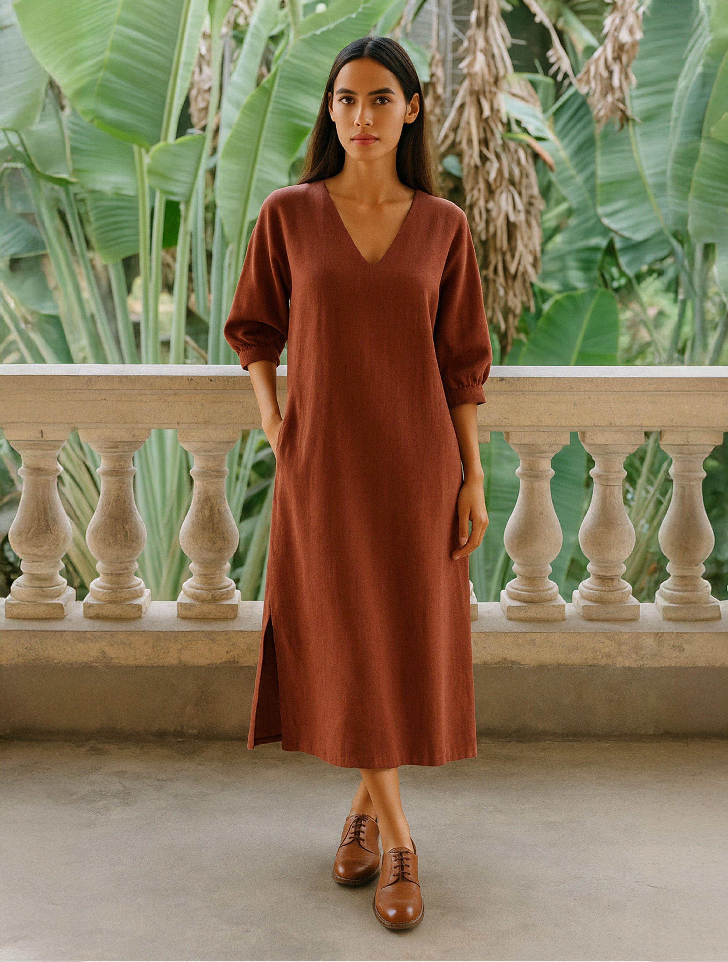 trueBrowns Rust Pink Cotton Blend Long Dress