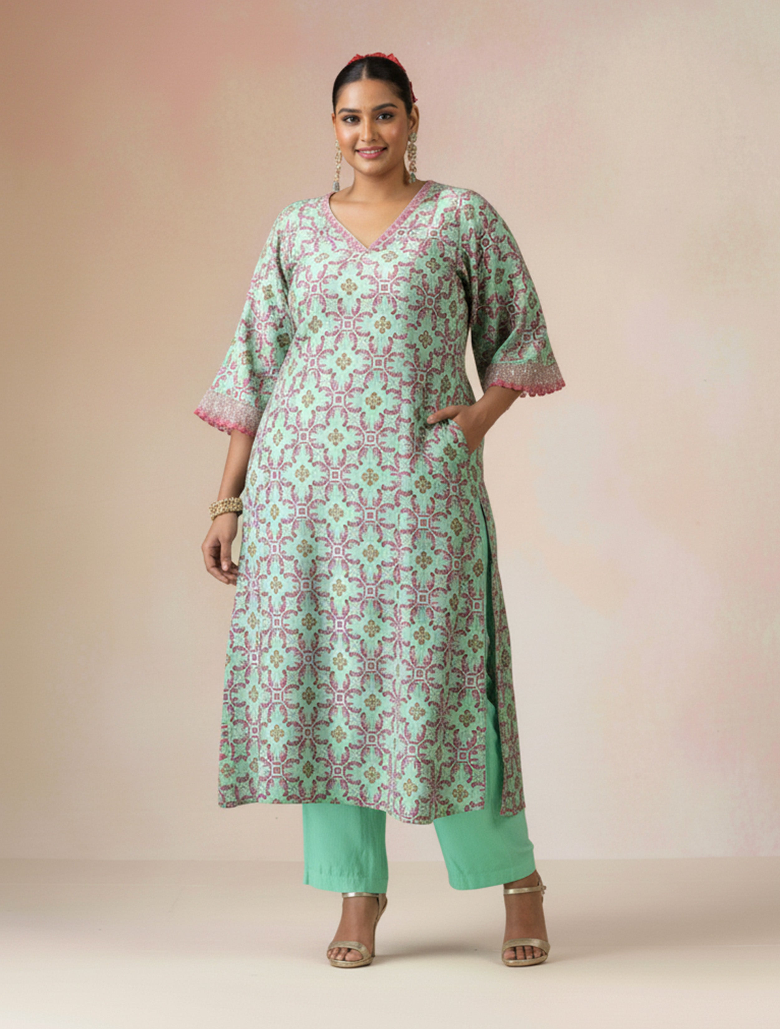trueBrowns Mint Pink Jaal Print Viscose A-line Kurta Set