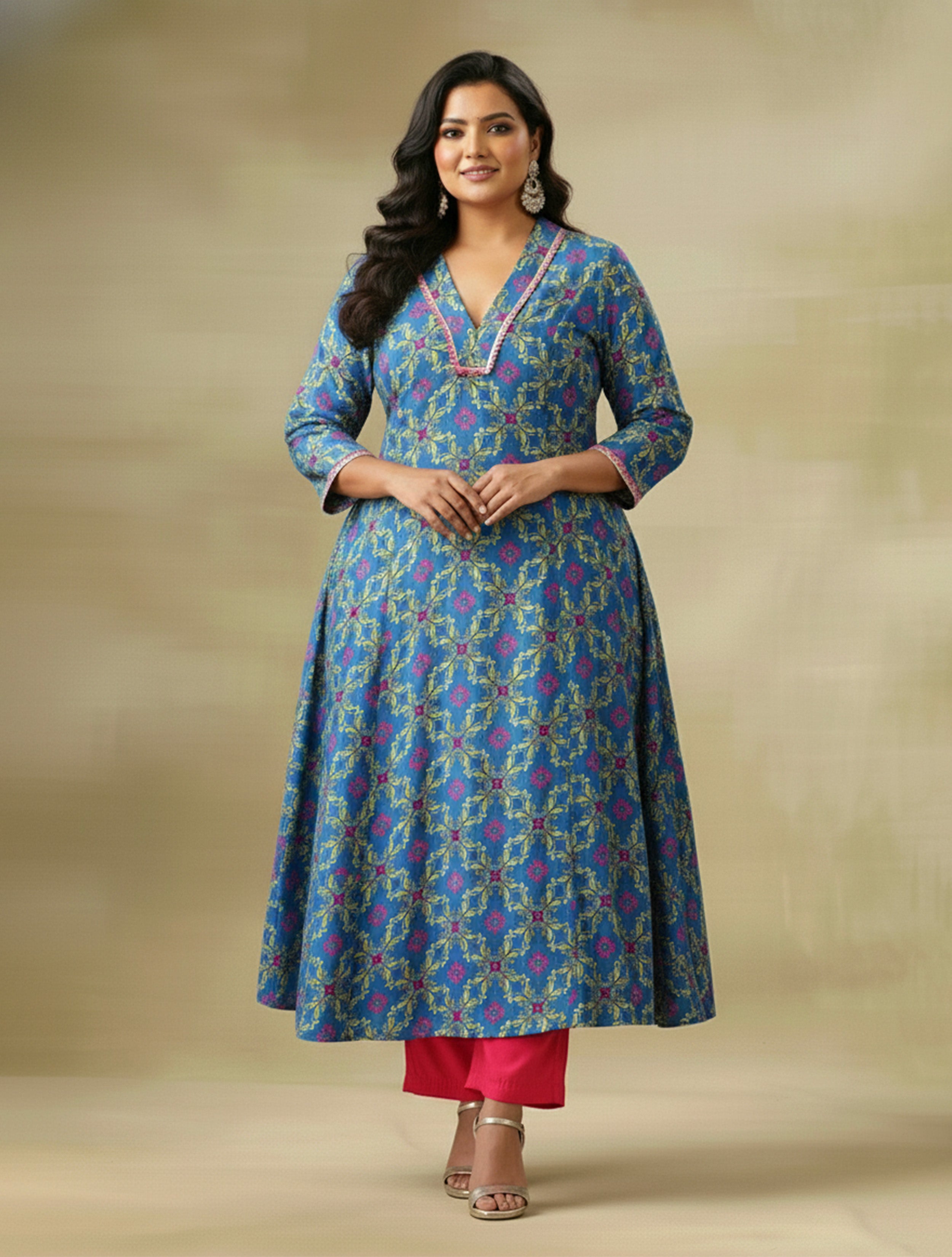 trueBrowns Blue Lime Jaal Print Viscose A-line Kurta Set