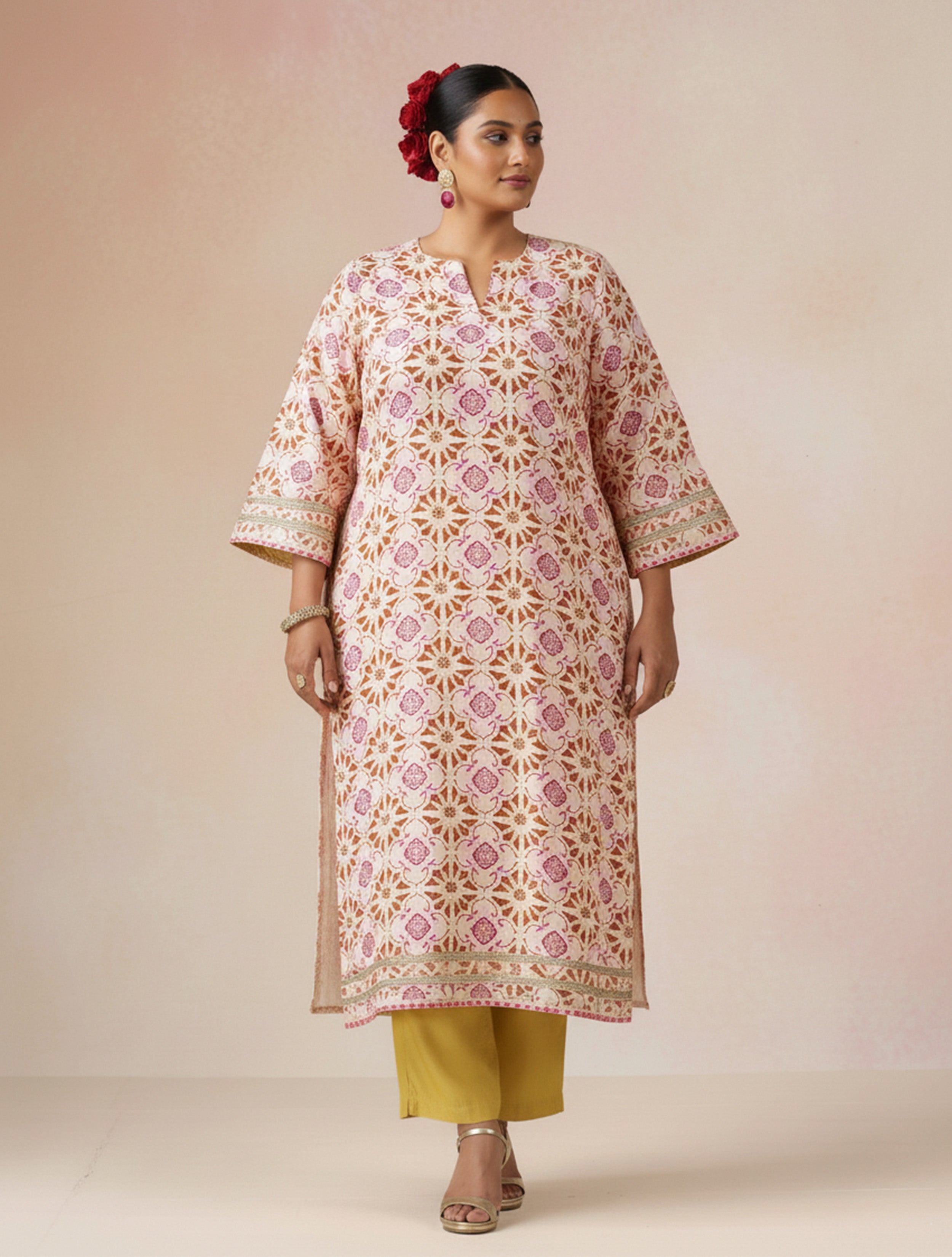 trueBrowns Ivory Brown Print Viscose Straight High-Slit Kurta Set