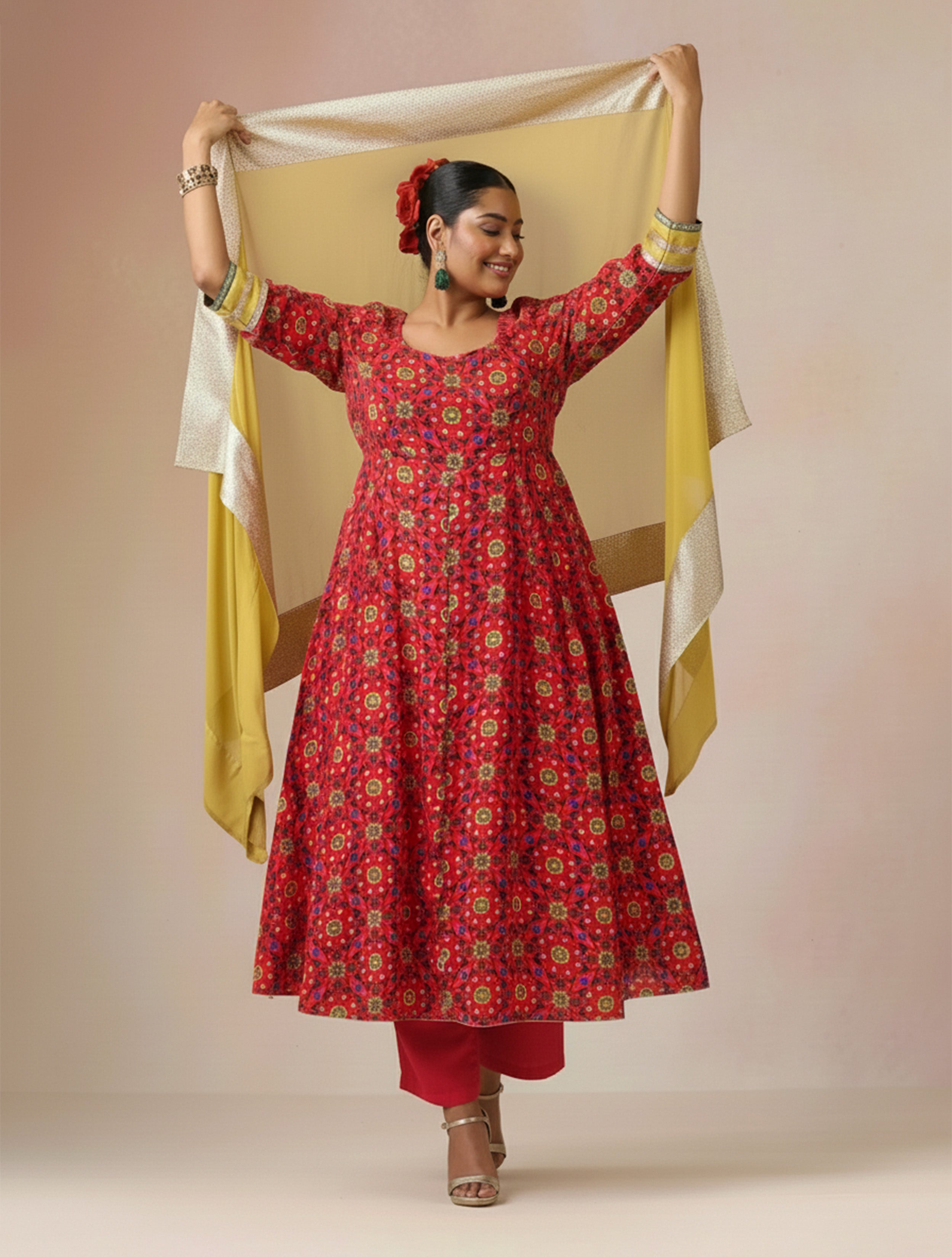 trueBrowns Pink Green Floral Print Viscose Anarkali Kurta Pants Dupatta Set