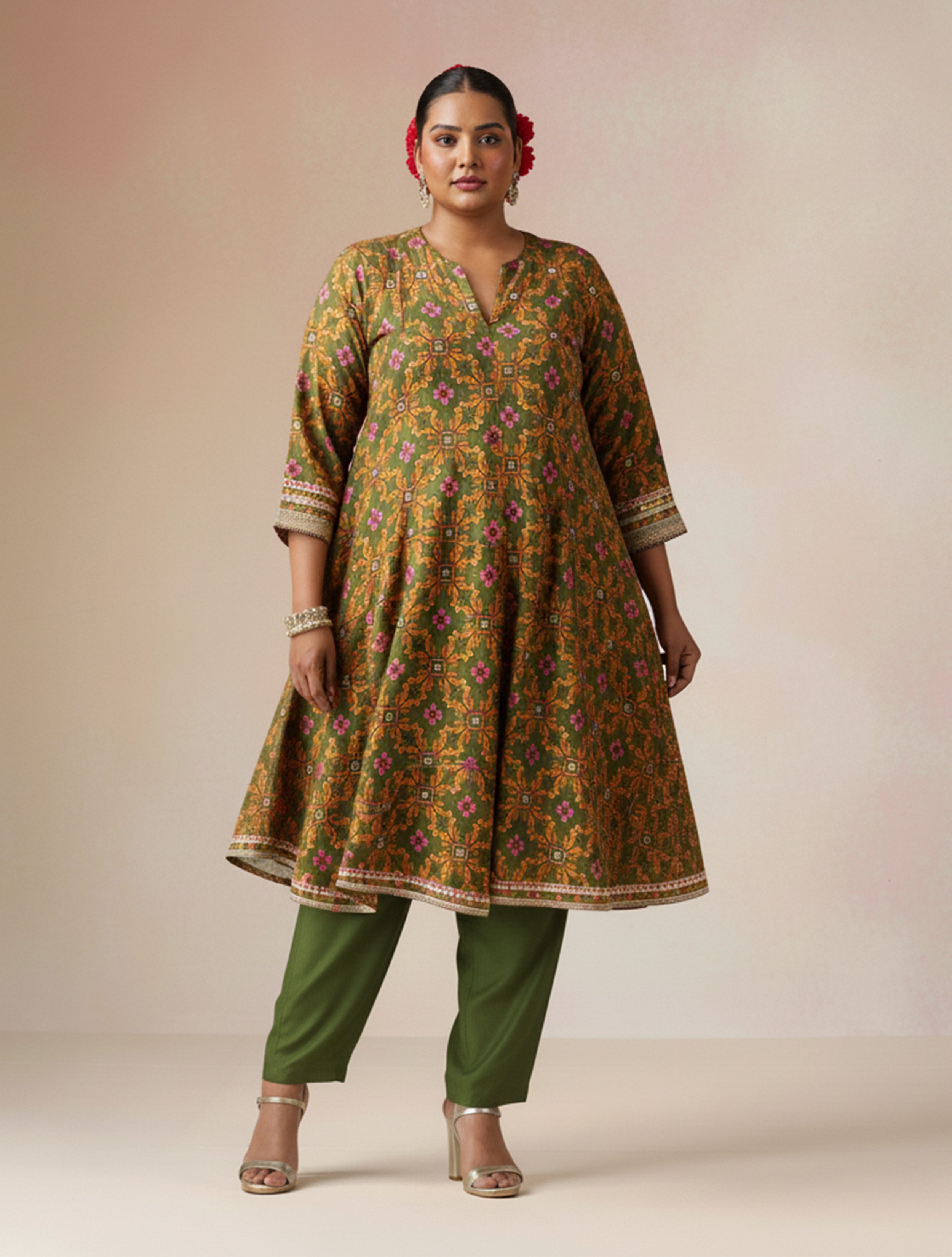 trueBrowns Dark Green Orange Jaal Print Viscose Flared Kurta Co-ord Set