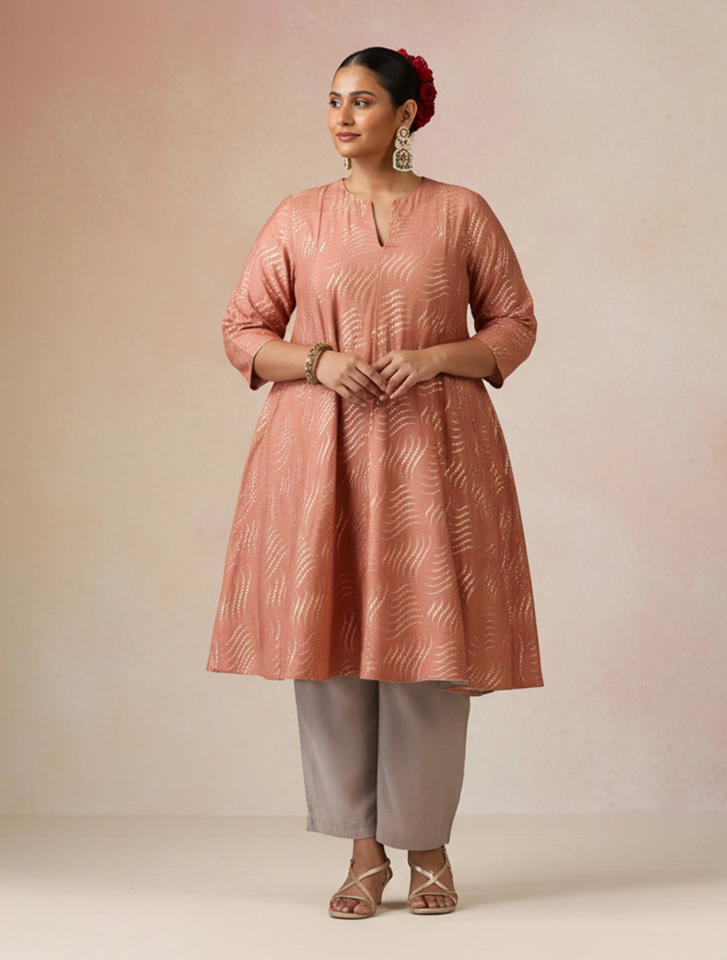 trueBrowns Peach Gold Foil Print Muslin Silk Flared Kurta Co-ord Set