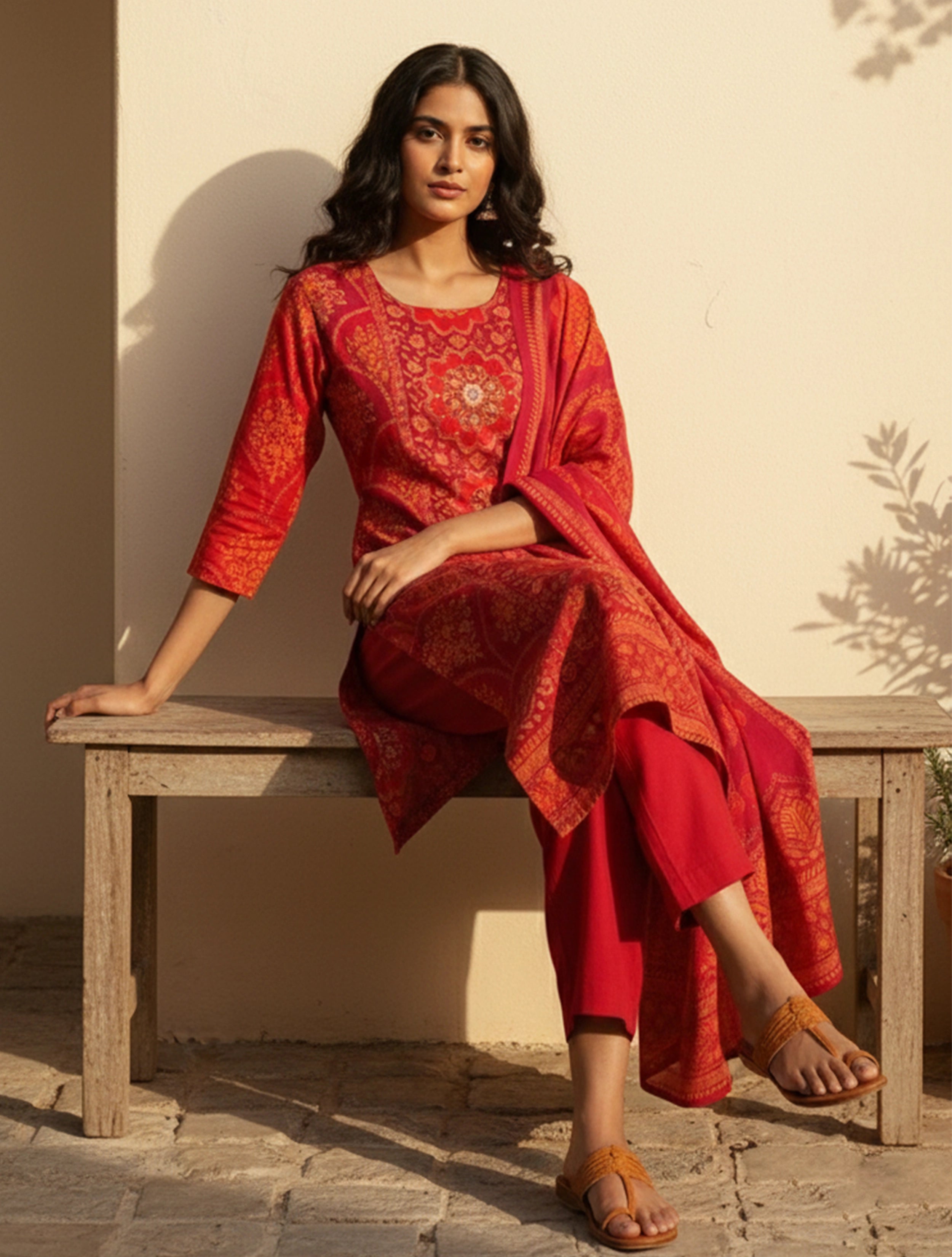 trueBrowns Red Pink Print Embroidered Kurta Pant Dupatta Set