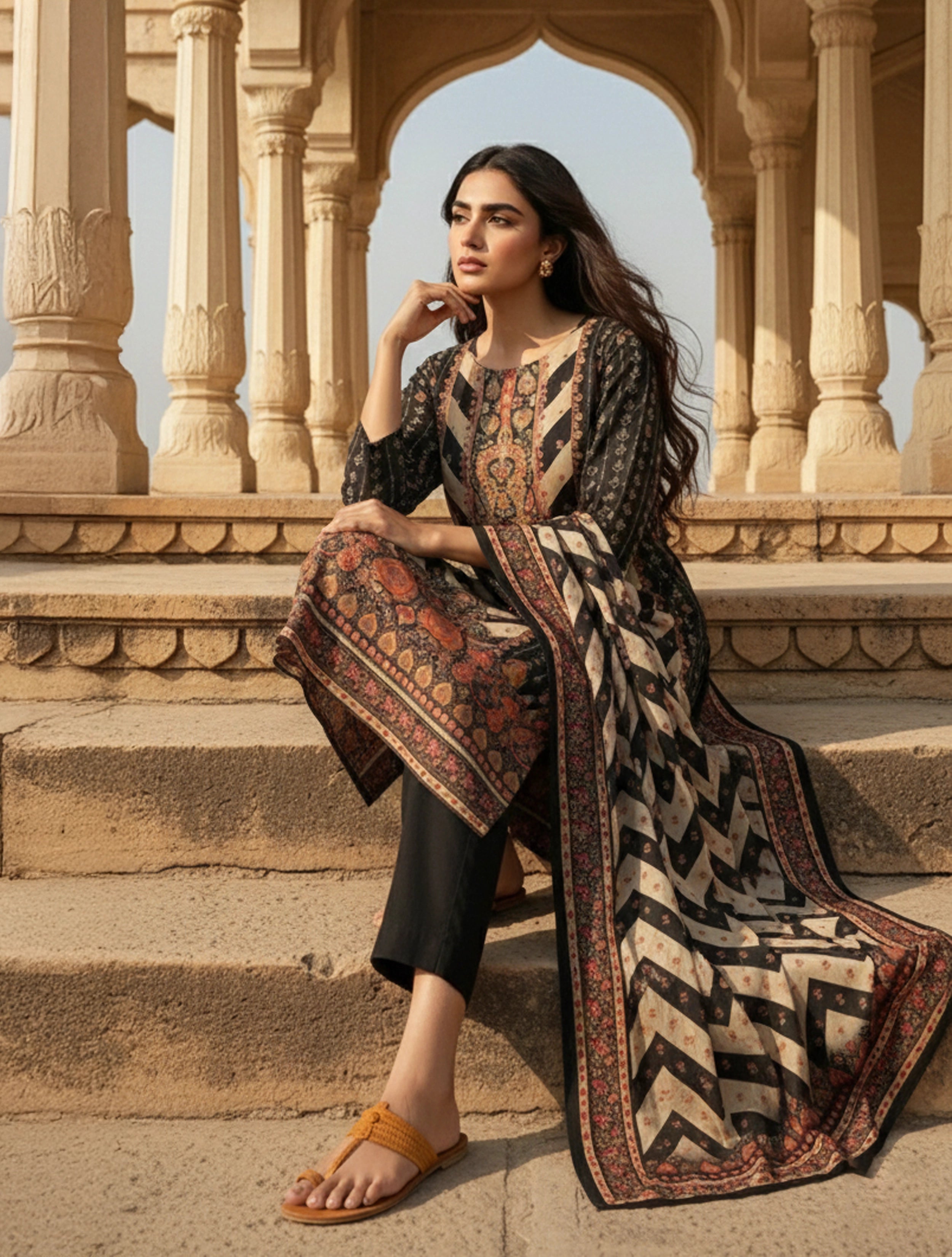 trueBrowns Black Print And Embroidered Kurta Pant Dupatta Set
