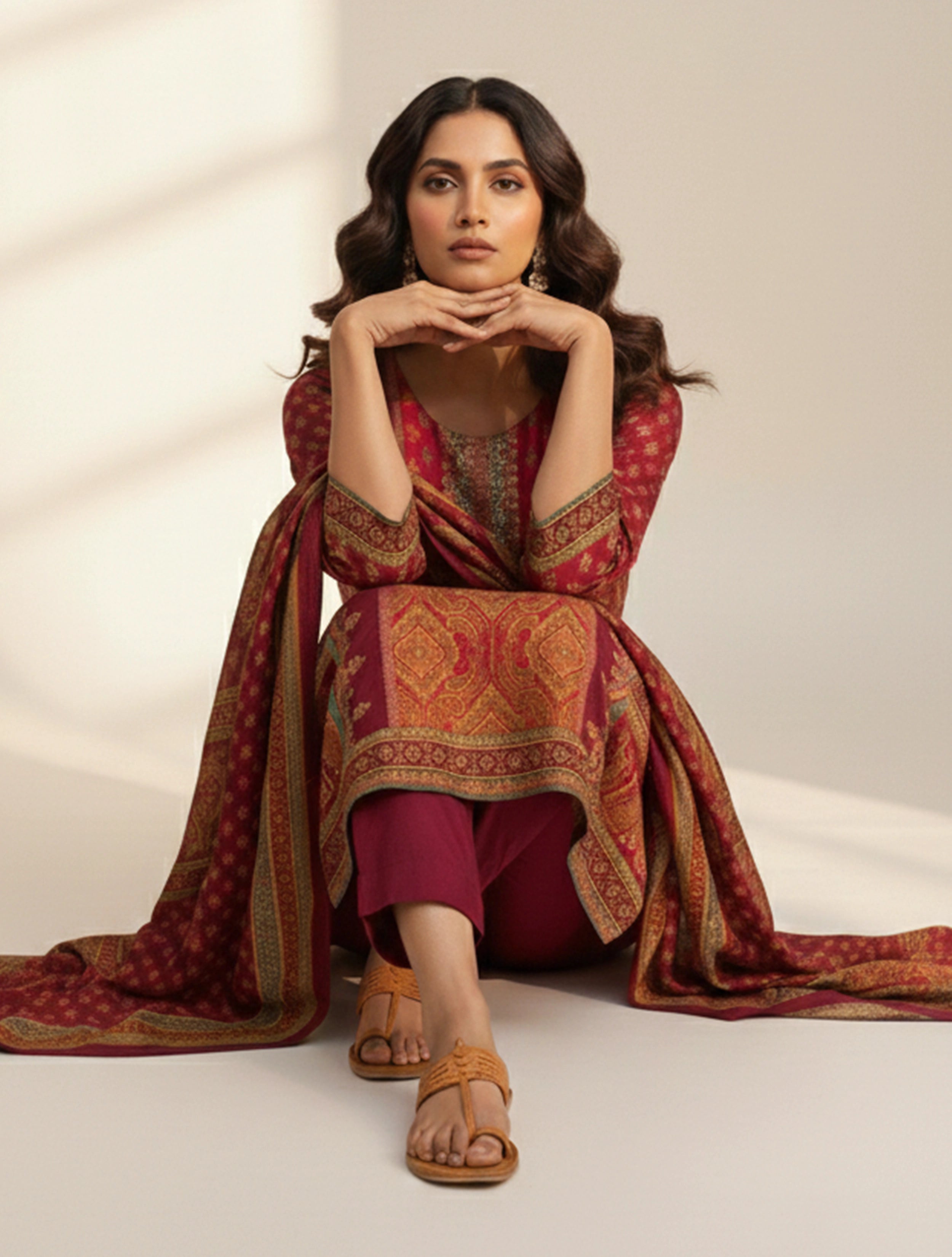 trueBrowns Magenta Print Embroidered Kurta Pant Dupatta Set