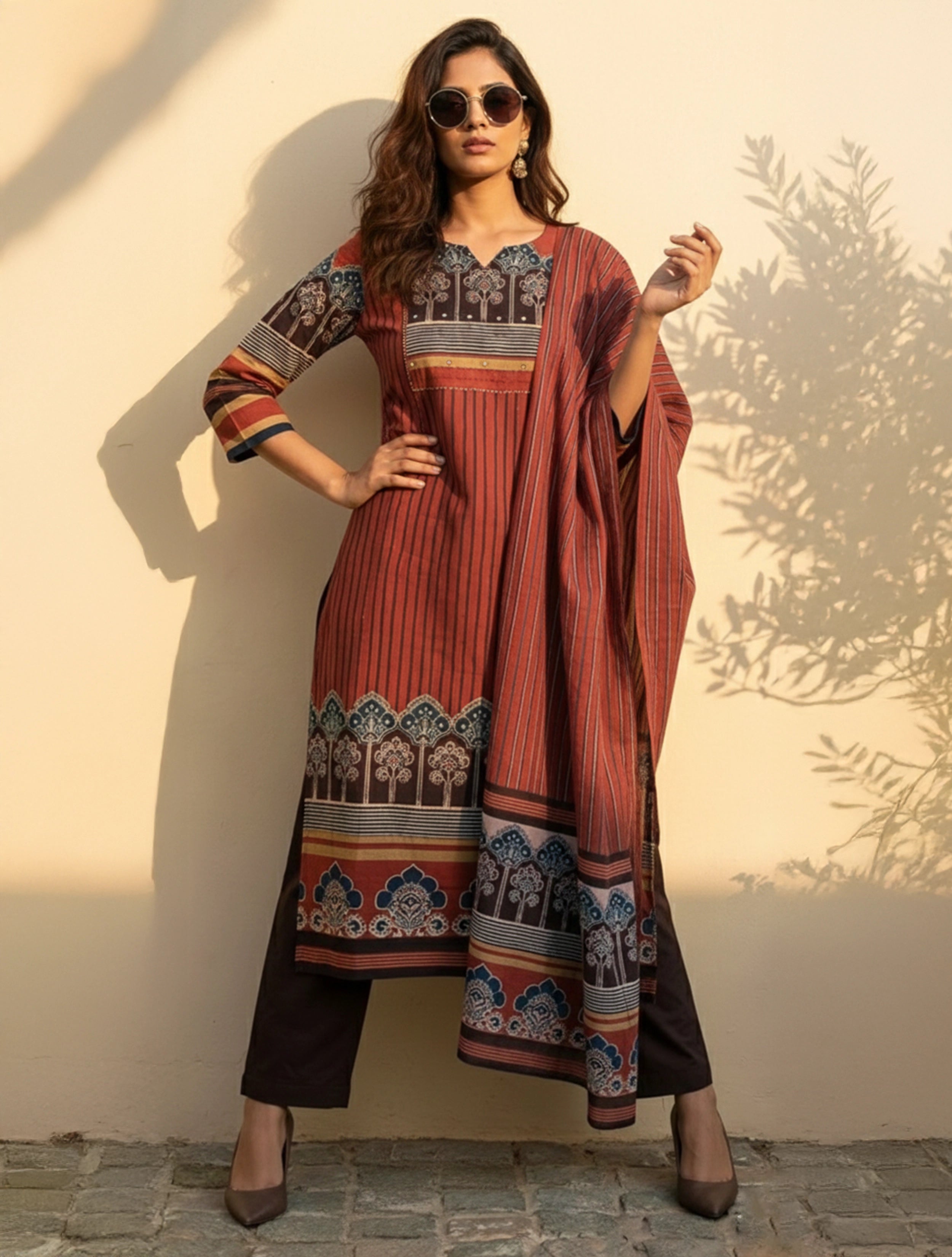 trueBrowns Maroon Printed Round With V Neck Kurta Pant Dupatta Set