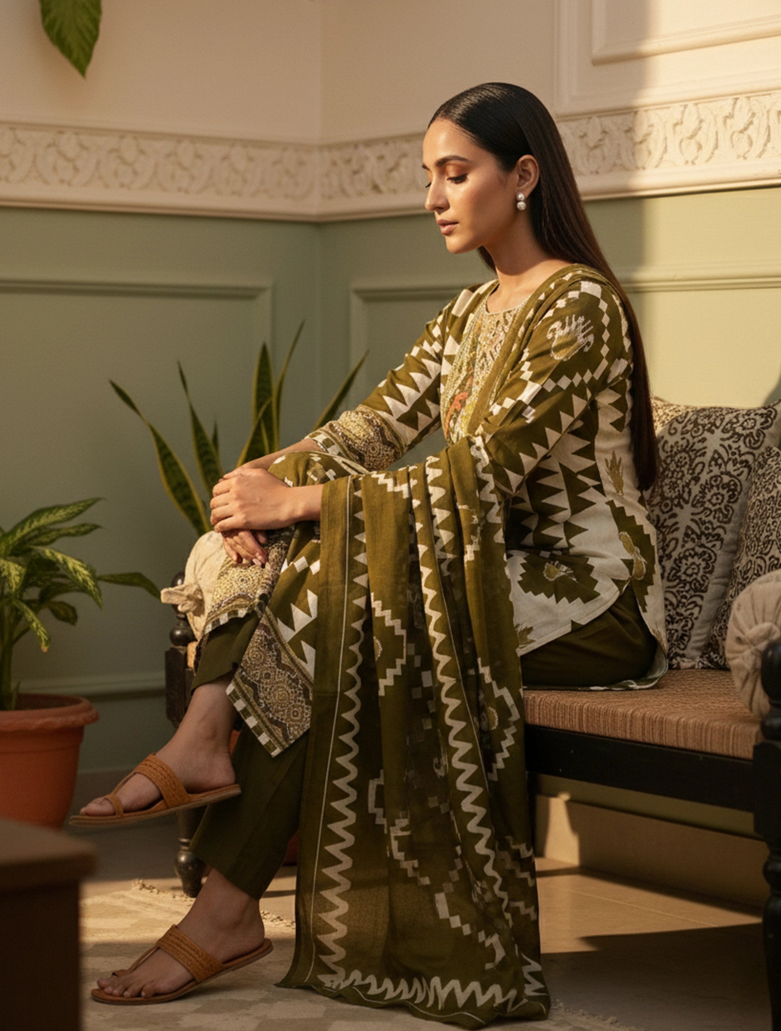 trueBrowns Olive Green Printed Kurta Pant Dupatta Set