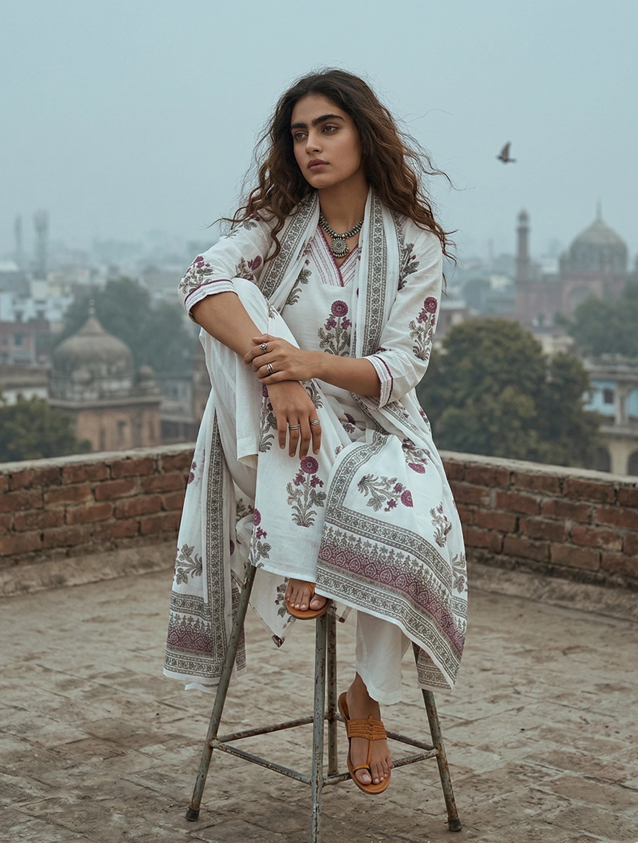 trueBrowns White Purple Print V-Neck Kurta Pant Dupatta Set