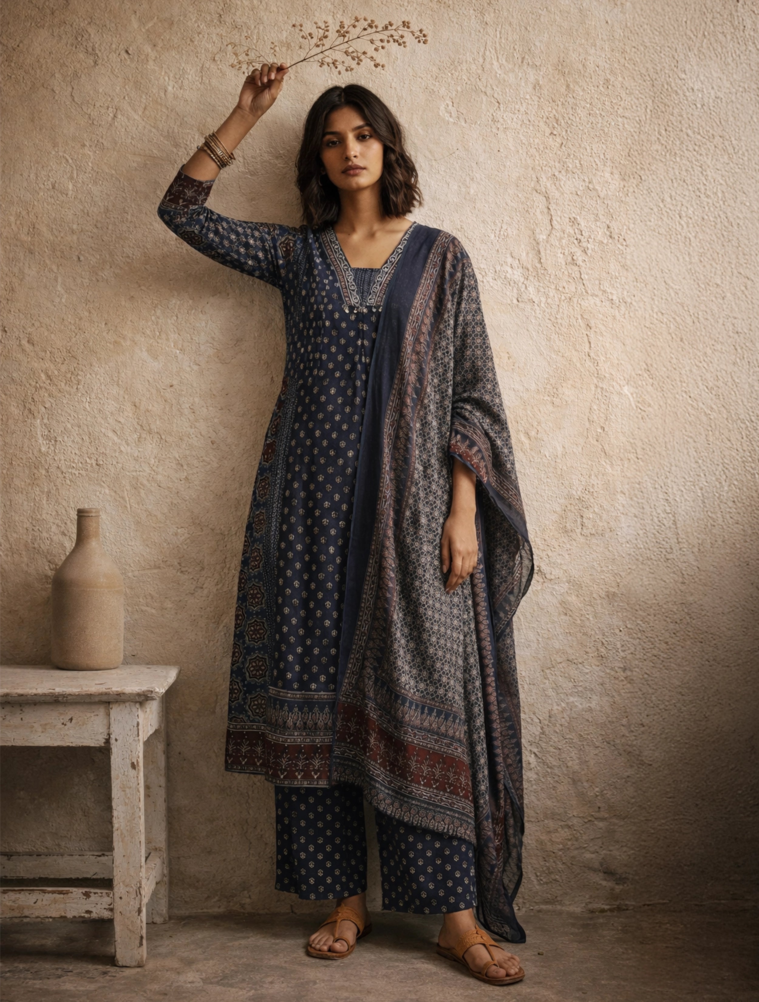 trueBrowns Blue Printed Kurta Pant Dupatta Set
