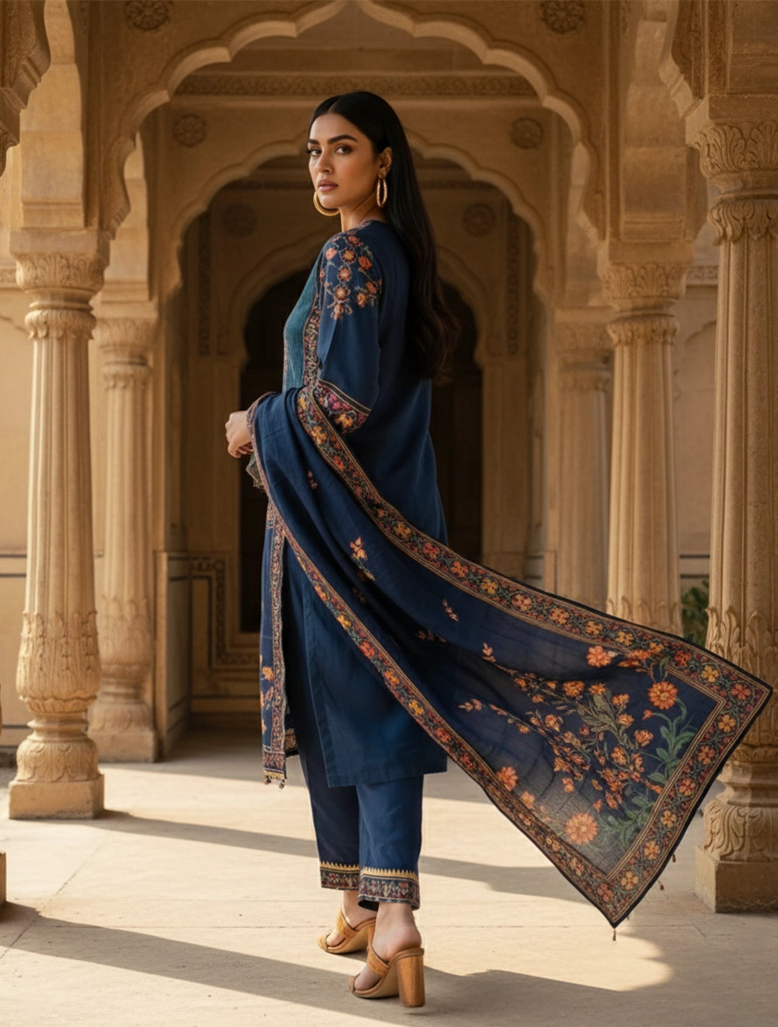 trueBrowns Blue Print Embroidered Straight Kurta Pant Dupatta Set