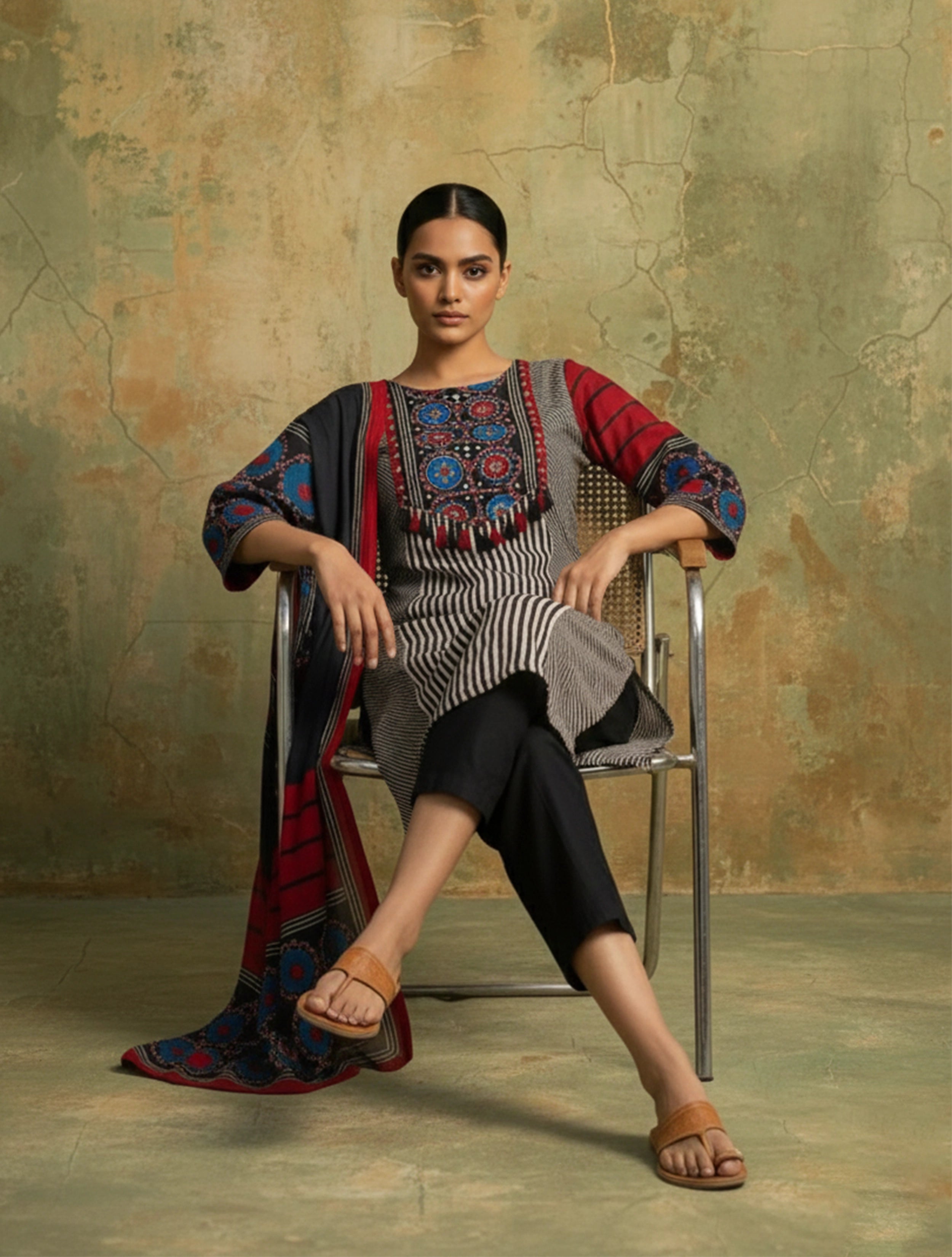 trueBrowns Black Stripe Print Embroidered Kurta Pant Dupatta Set