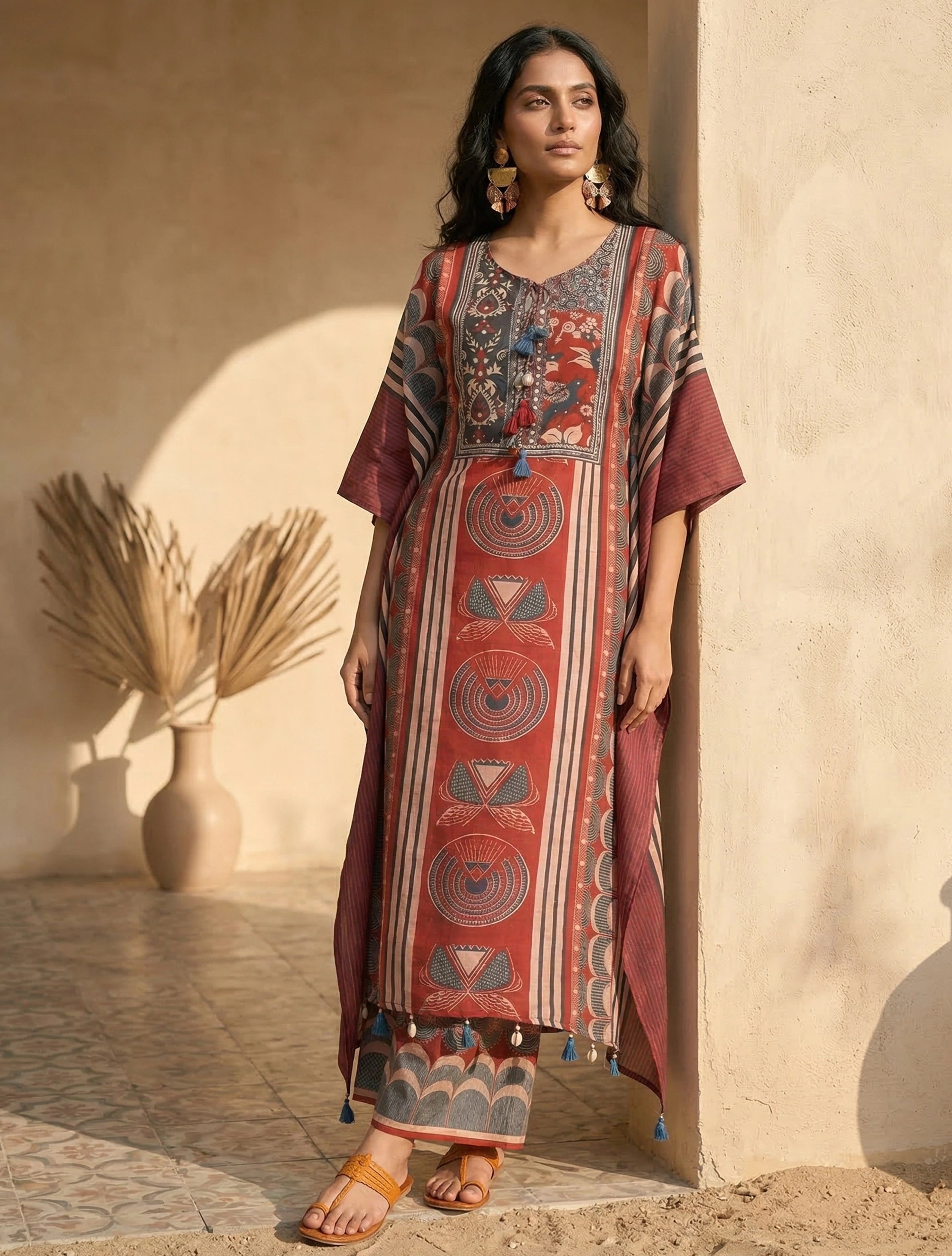 trueBrowns Red Printed Kaftan Kurta Palazzo Set