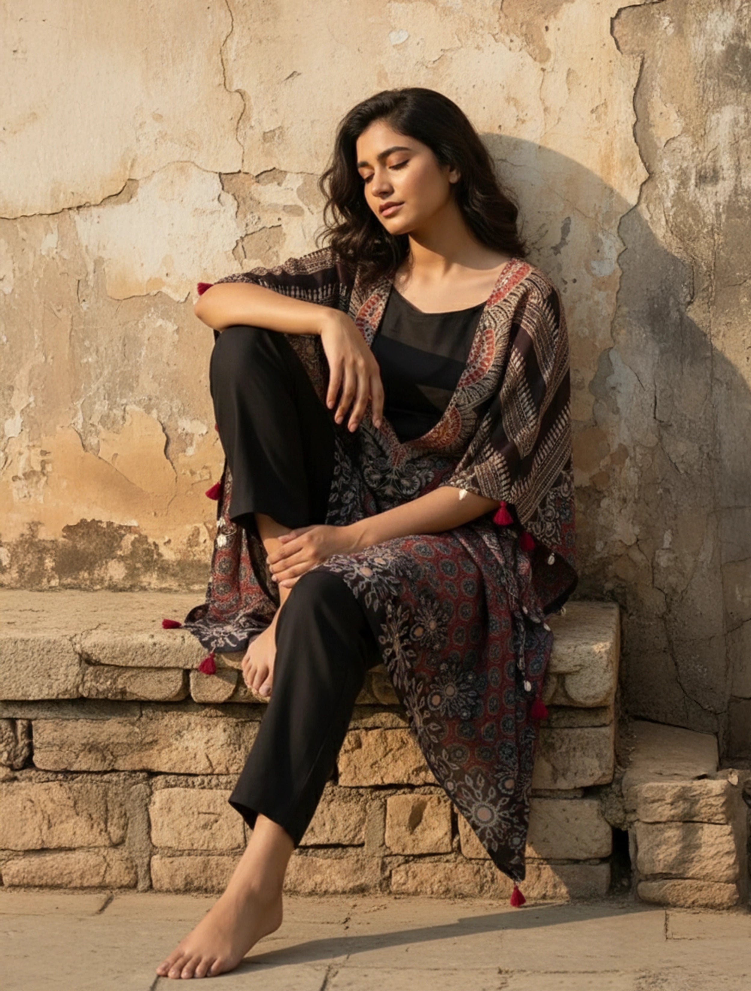 trueBrowns Maroon Black Print Embroidered Kaftan Kurta Pant Set