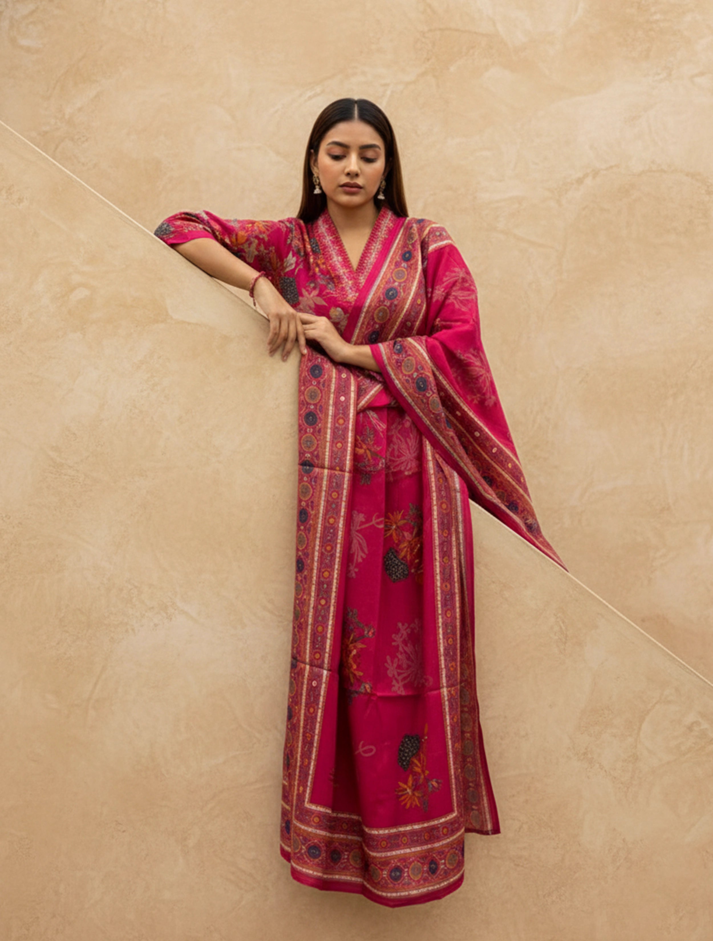 trueBrowns Pink Floral Print Embroidered Kurta Pant Dupatta Set