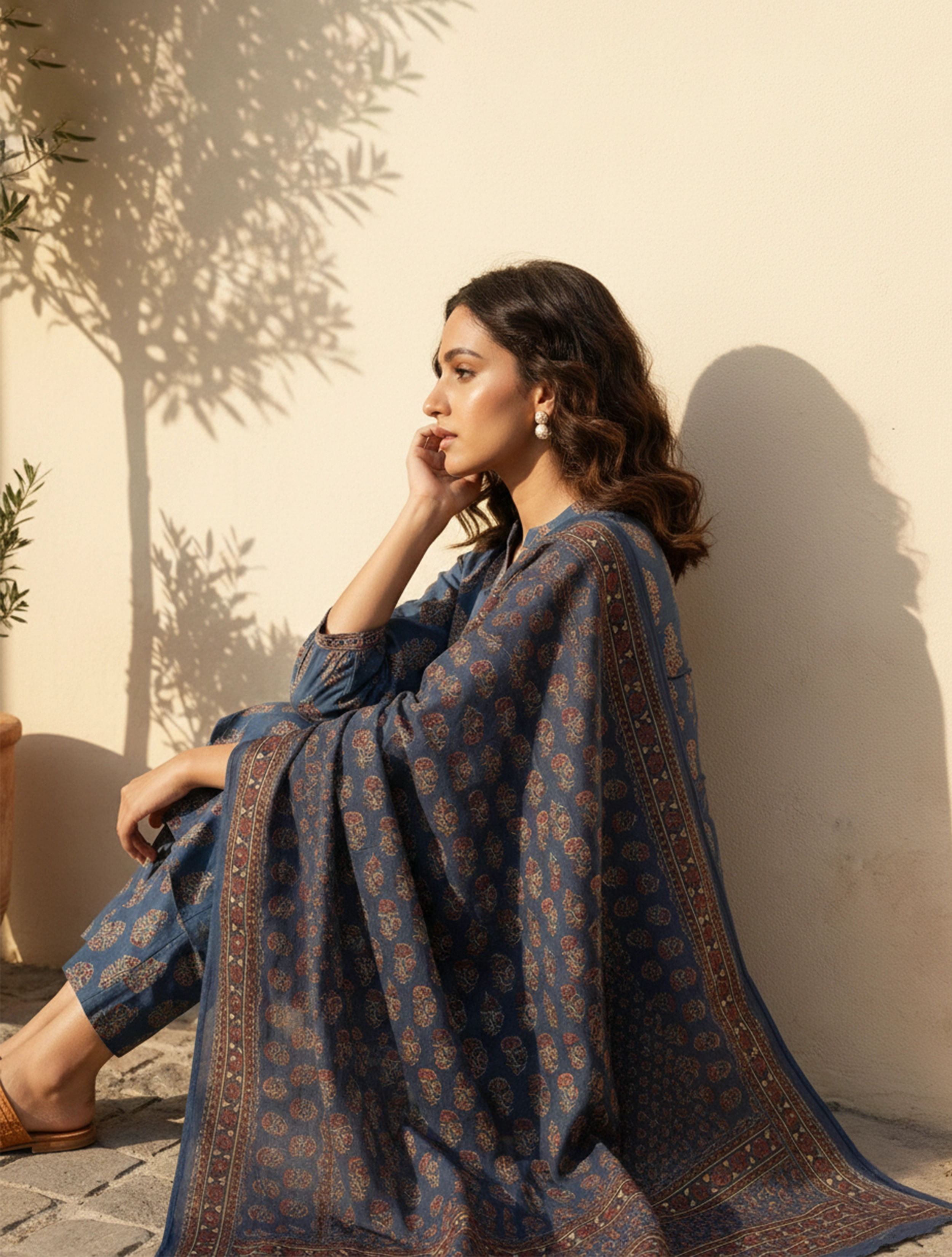 trueBrowns Blue Boota Print Angrakha Kurta Pant Dupatta Set