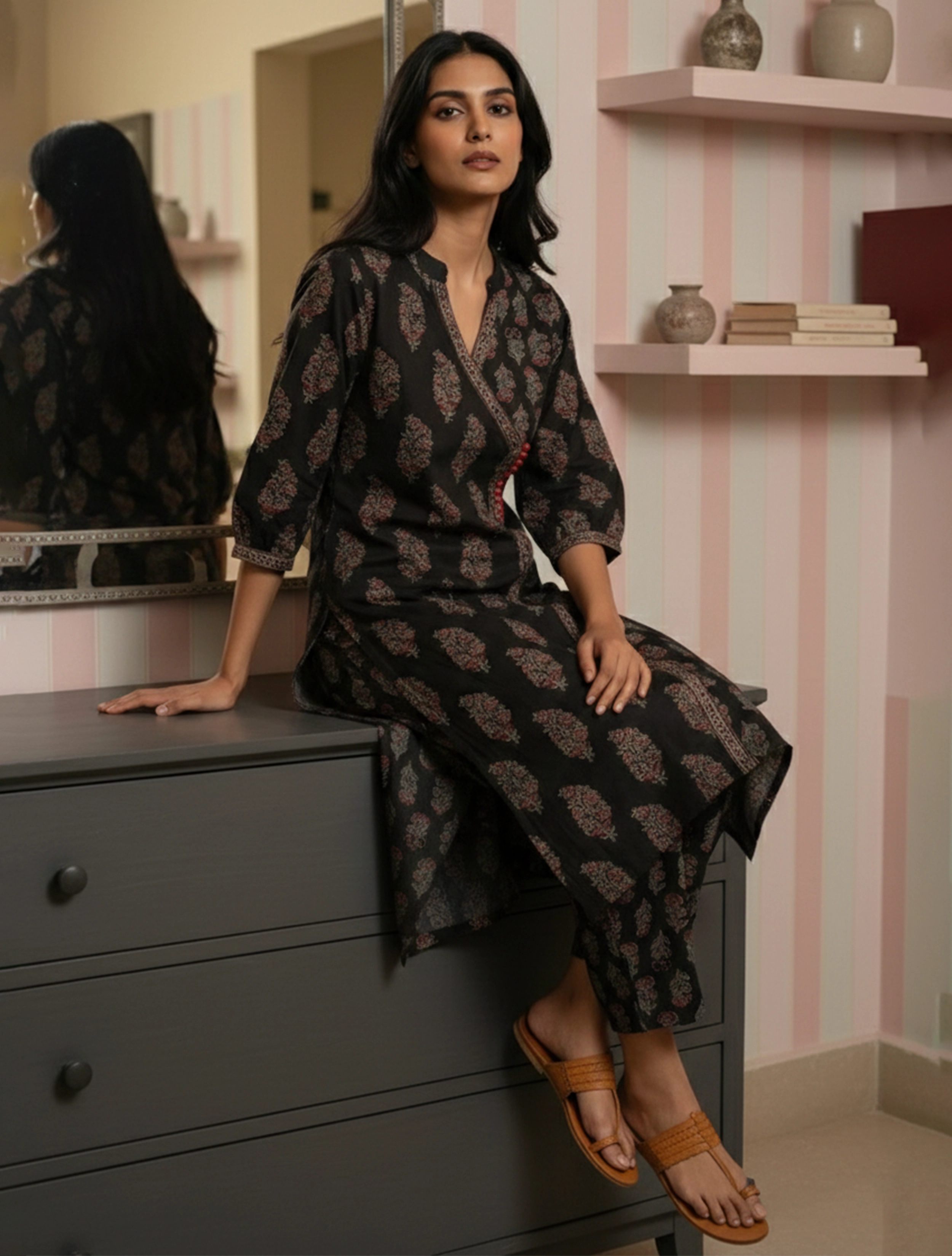 trueBrowns Black Boota Print Angrakha Kurta Pant Dupatta Set