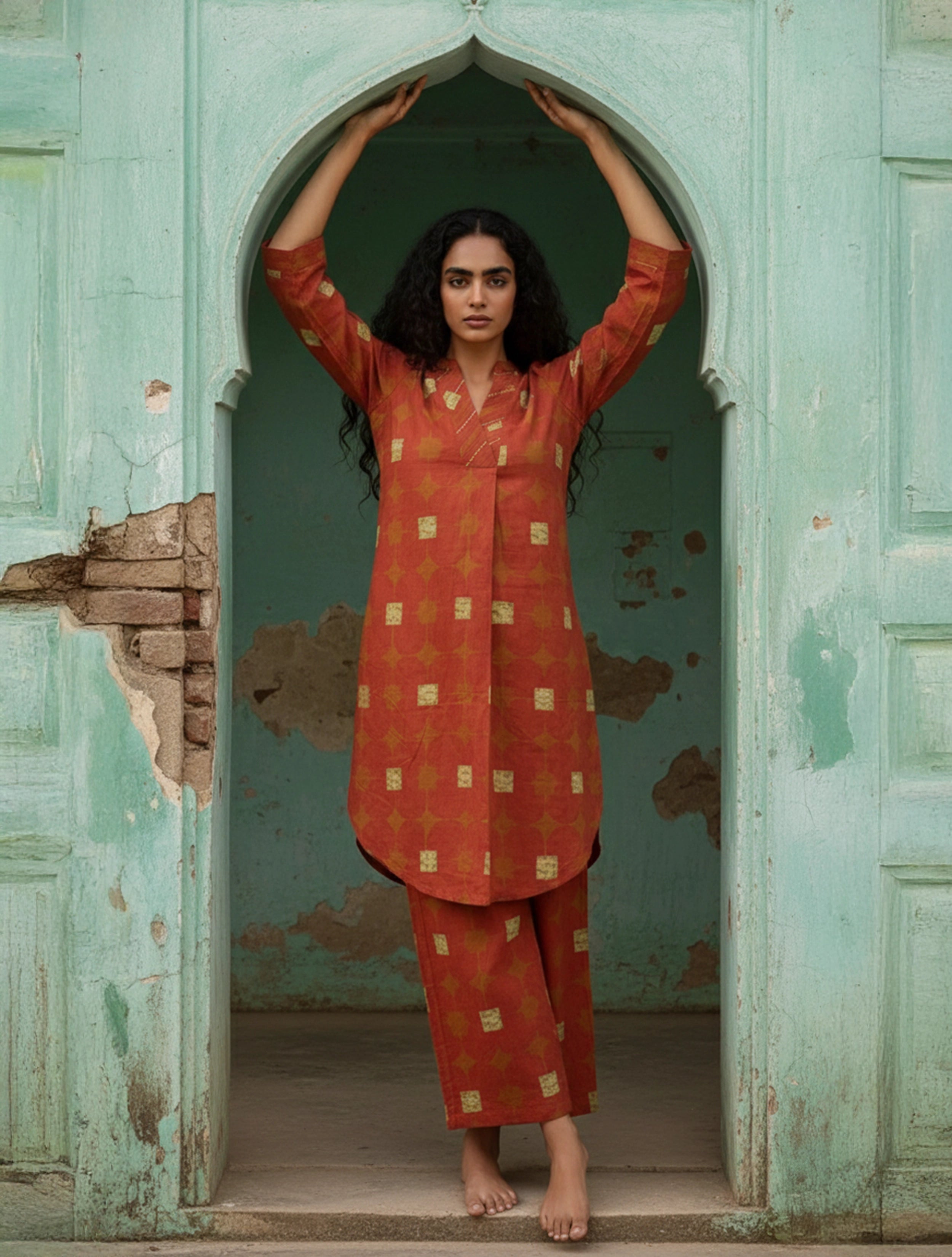 trueBrowns Rust Geometric Print Kurta Pant Set