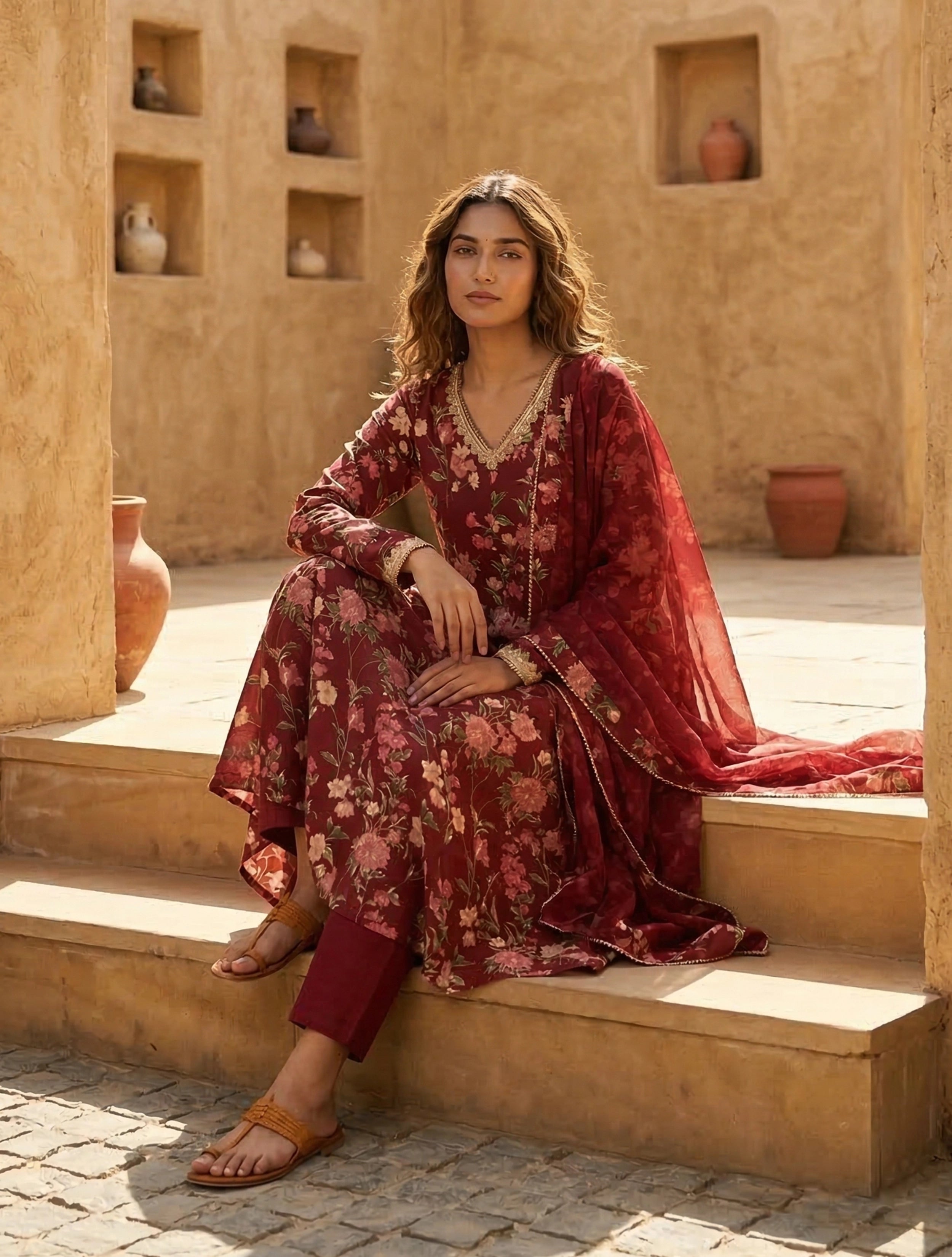 trueBrowns Maroon Floral Print V-Neck Anarkali Kurta Pant Dupatta Set