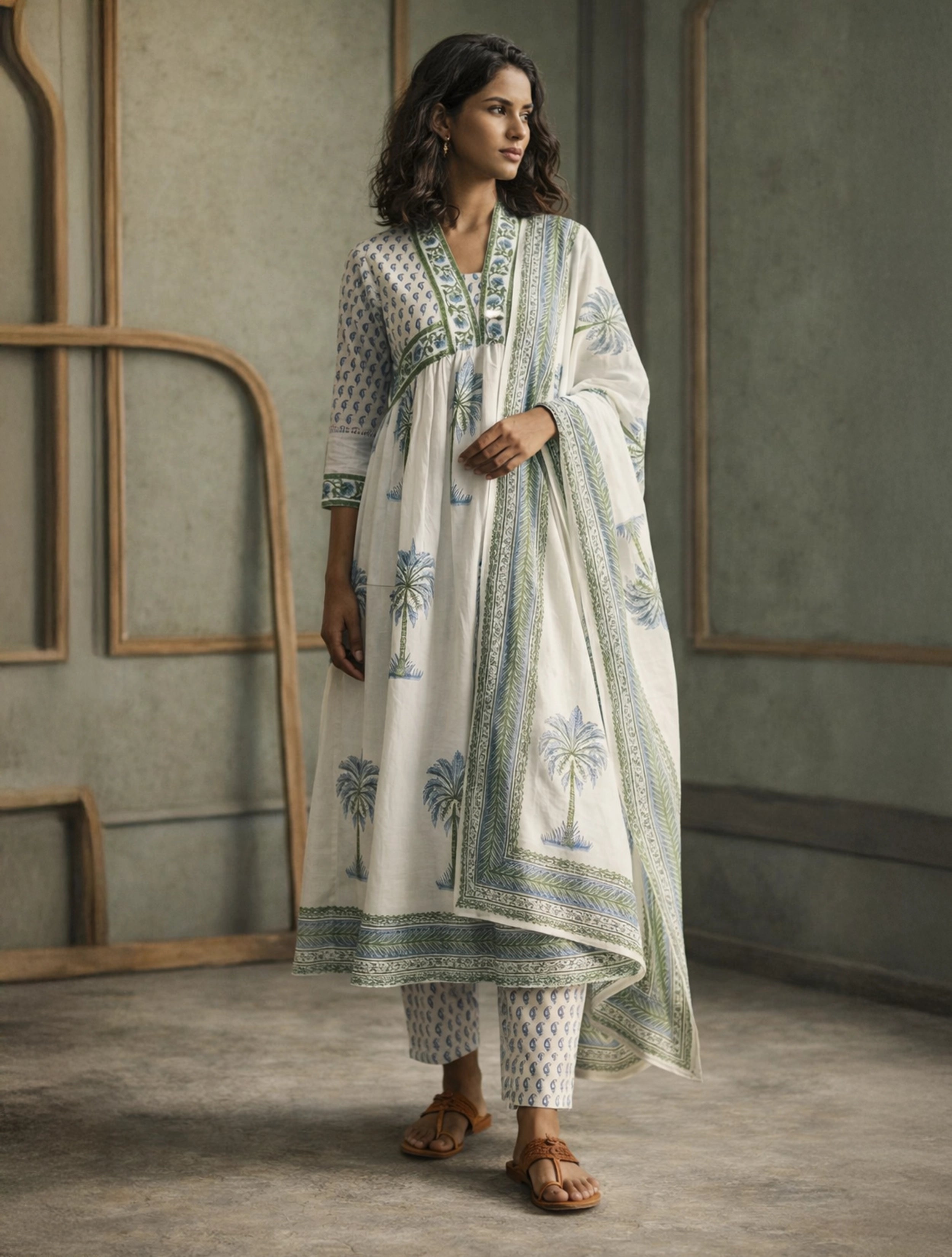trueBrowns White Blue Printed Anarkali Kurta Pant Dupatta Set