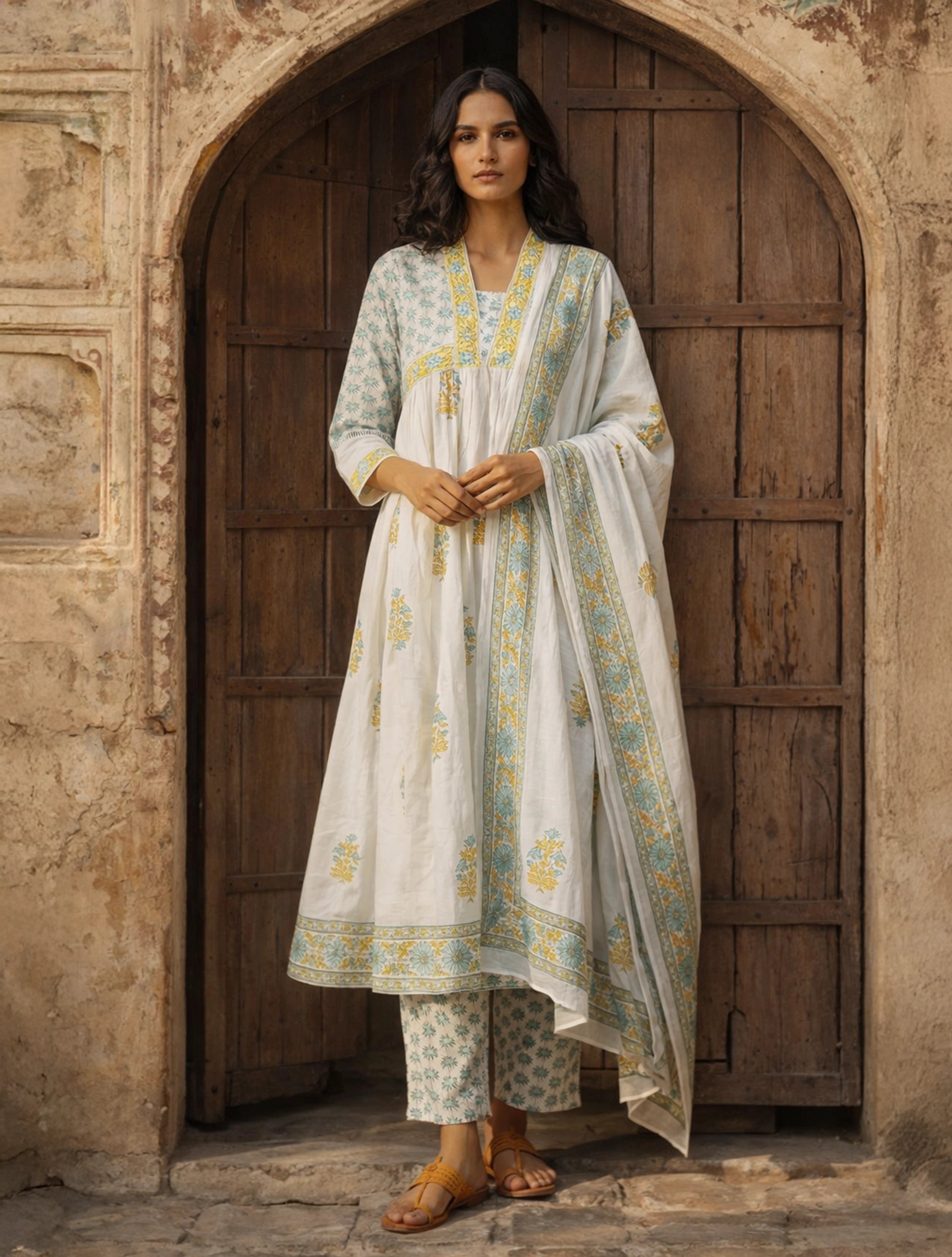 trueBrowns White Yellow Printed Anarkali Kurta Pant Dupatta Set
