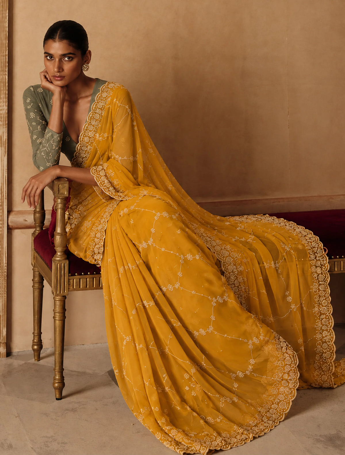 trueBrowns Mustard Gold Jaal Embroidered Georgette Saree With Unstitched Blouse