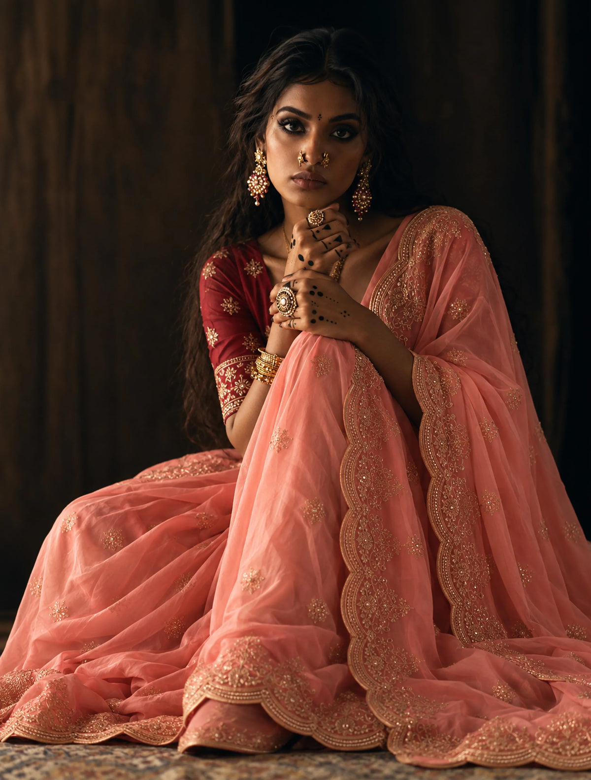 trueBrowns Peach Boota Embroidered Georgette Saree With Unstitched Blouse