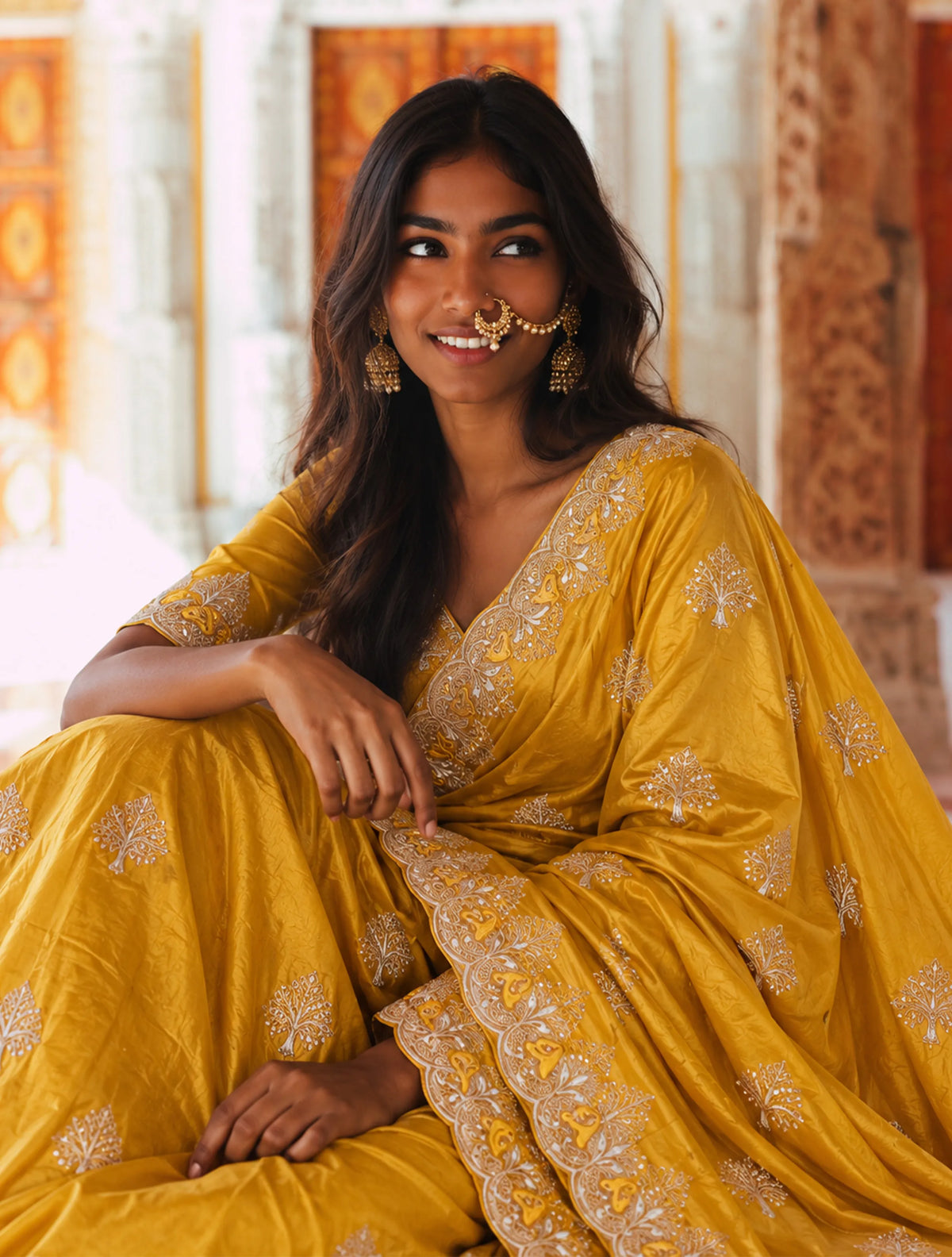 trueBrowns Mustard Paan Embroidered Silk Blend Saree With Unstitched Blouse