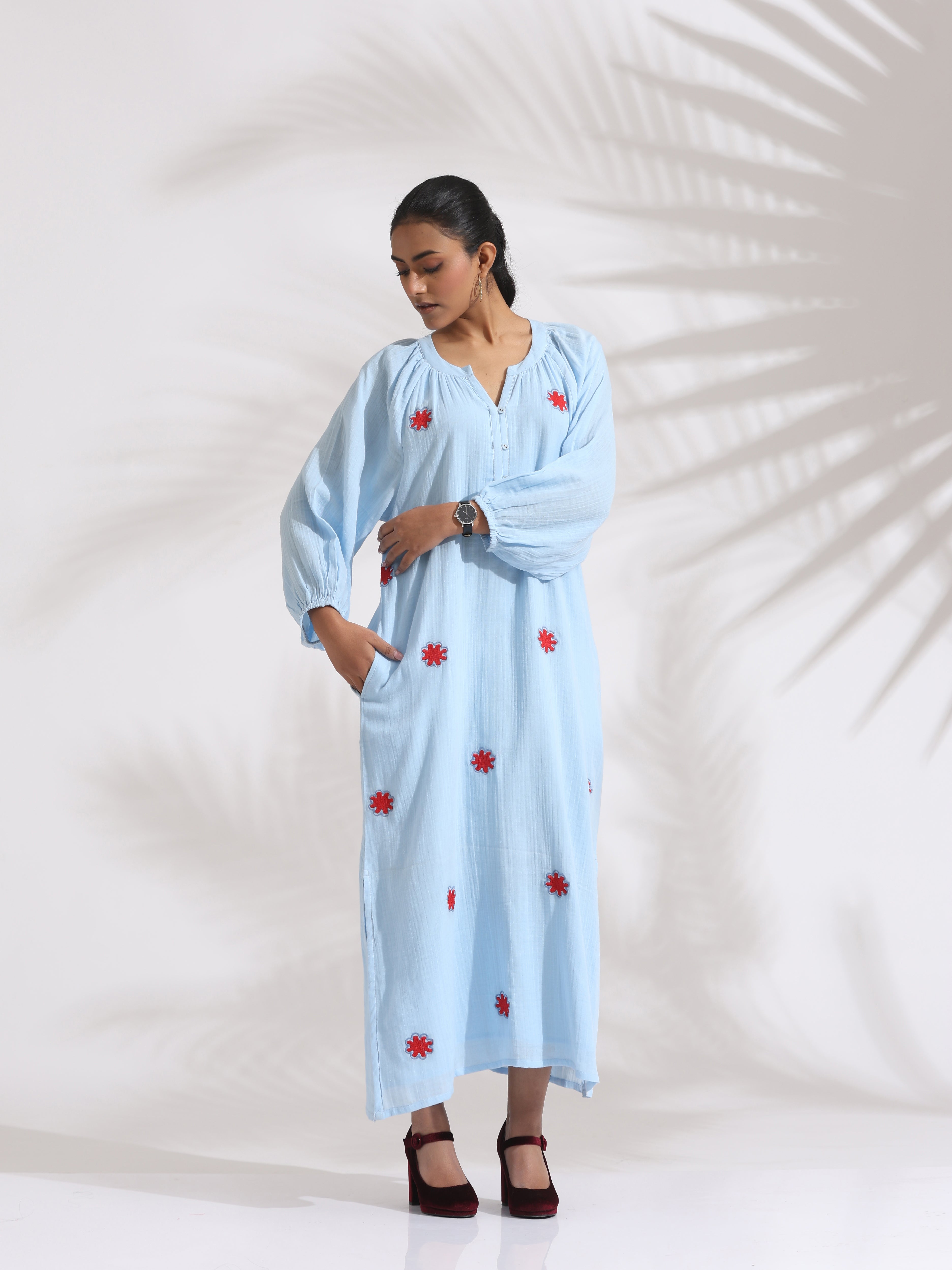 trueBrowns Blue Cotton Embroidered Dress