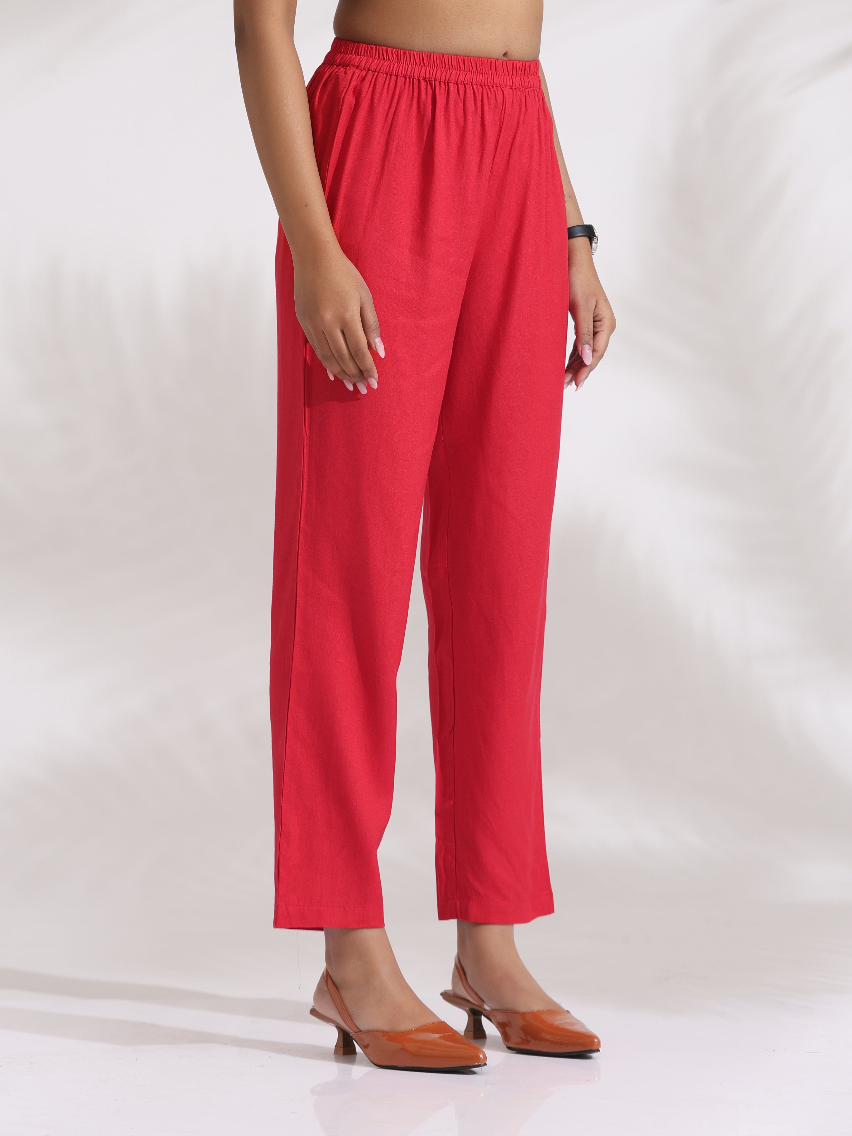 trueBrowns Red Cotton Print Kurta Co-ord Set