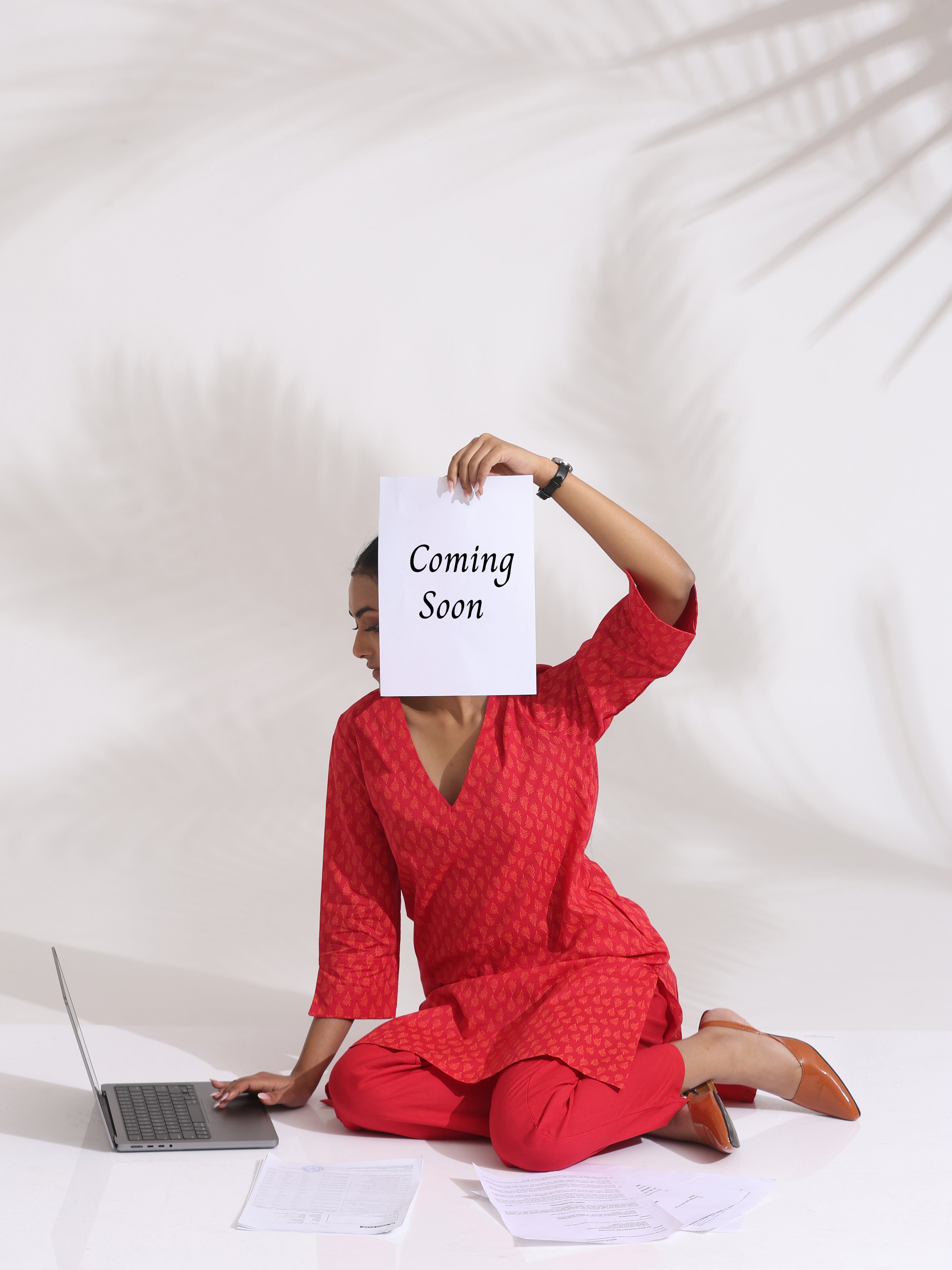 trueBrowns Red Cotton Print Kurta Co-ord Set