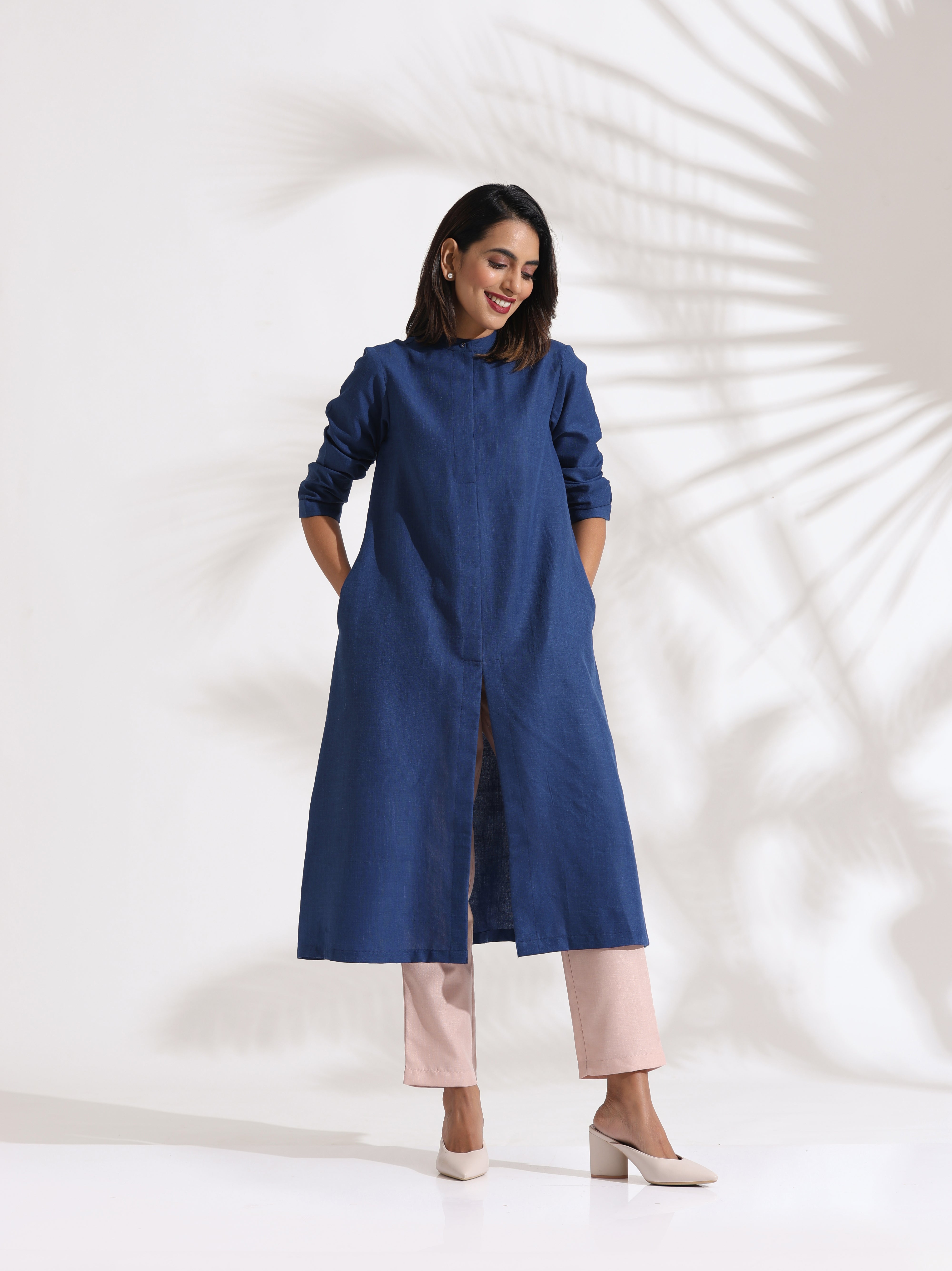 trueBrowns Blue Slub Kurta Set
