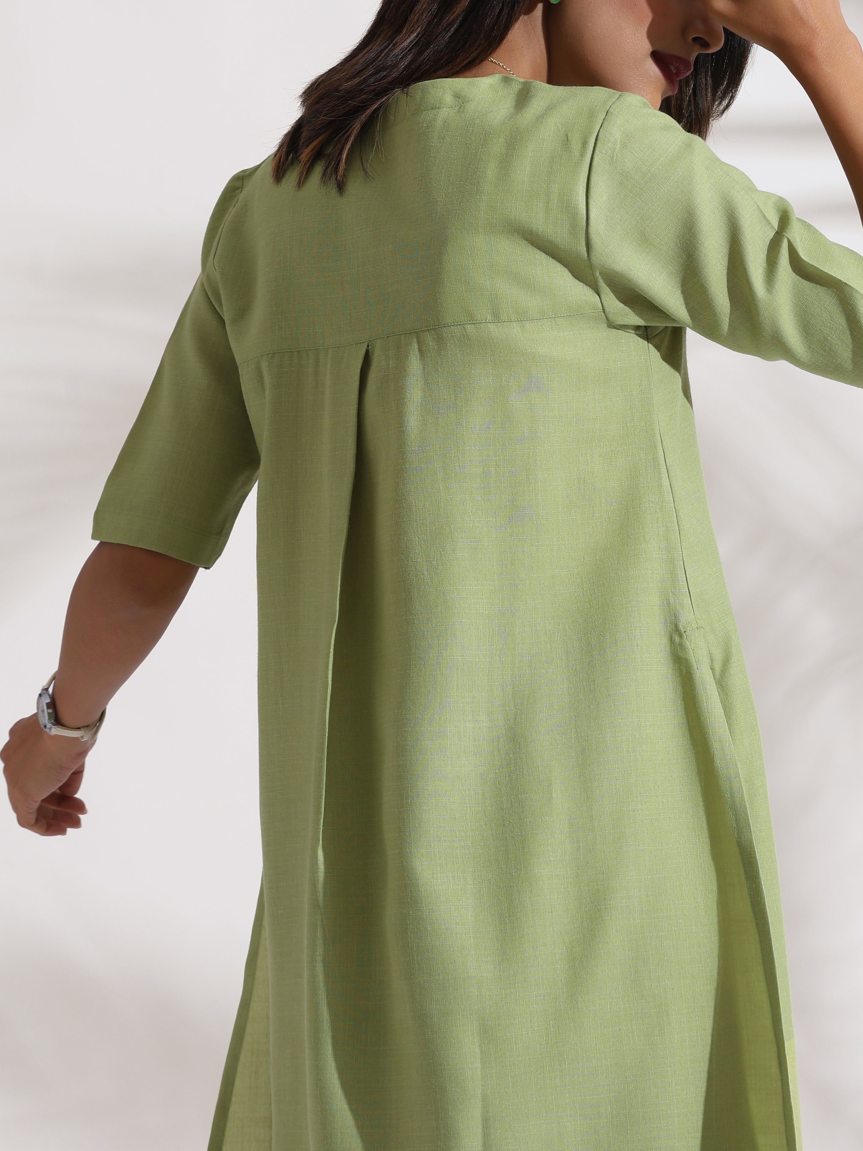 trueBrowns Green Slub Kurta Set