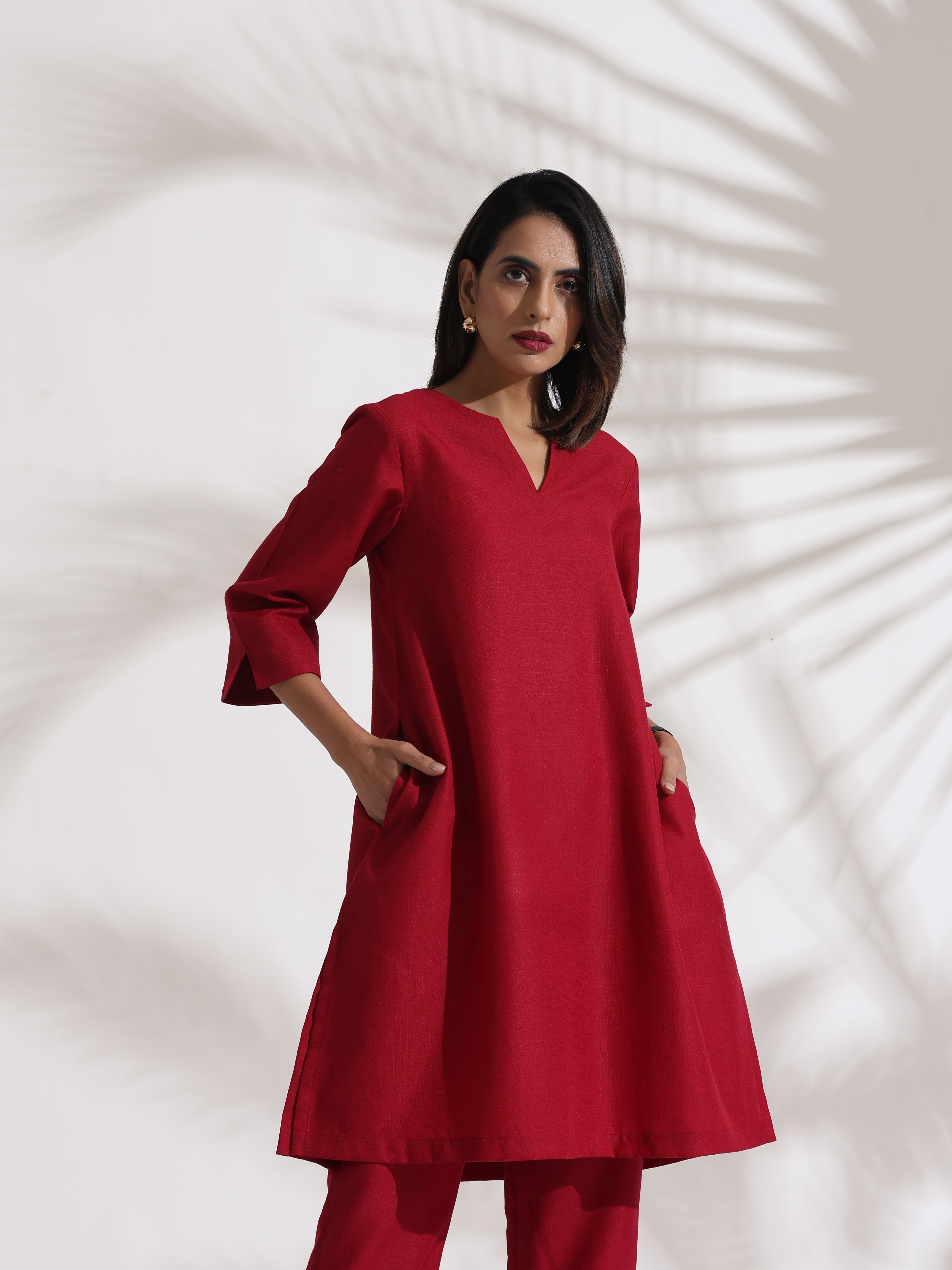 trueBrowns Maroon Slub Kurta Co-ord Set