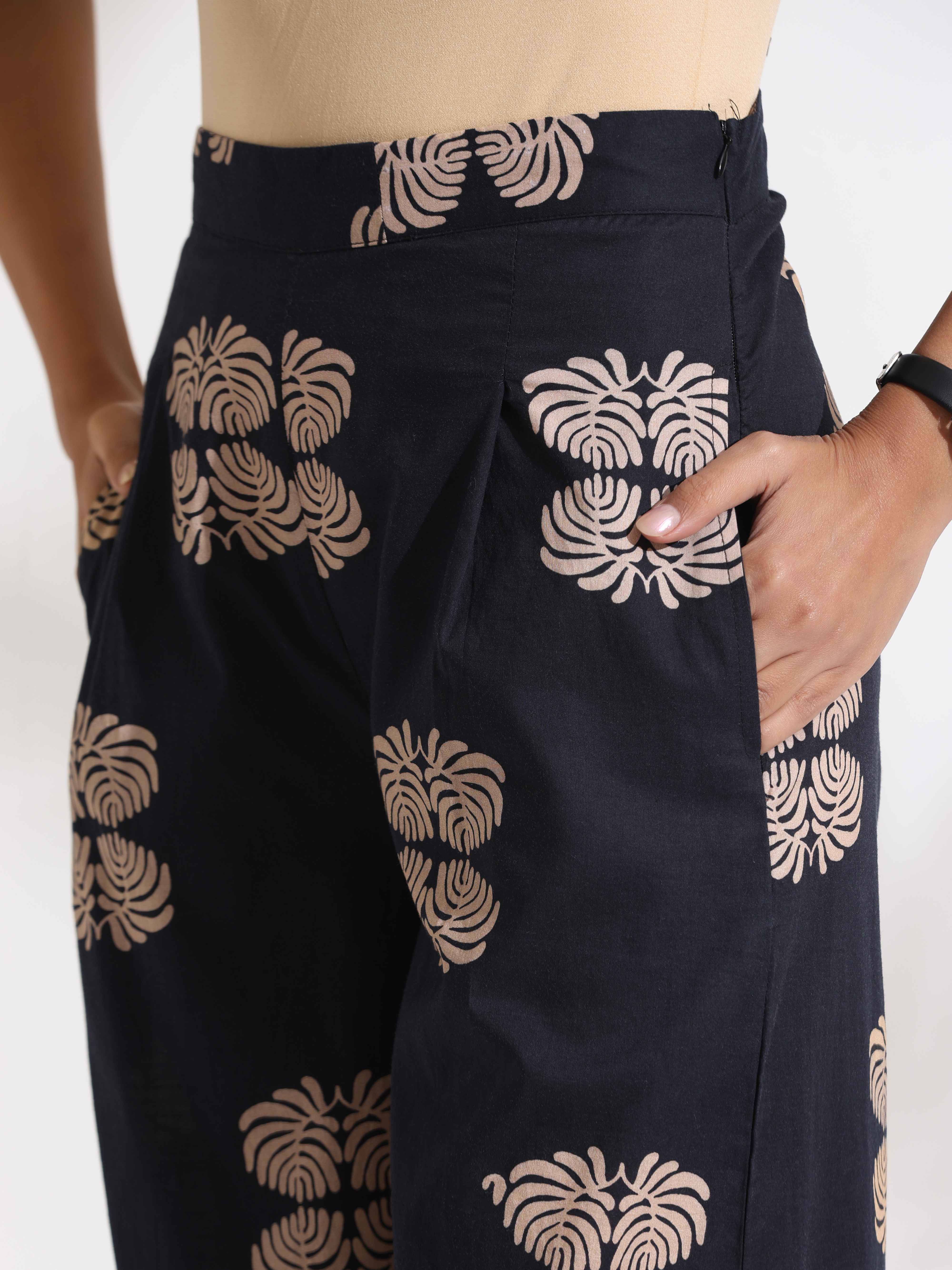 trueBrowns Black Cotton Print Top & Flared Pants Co-ord Set