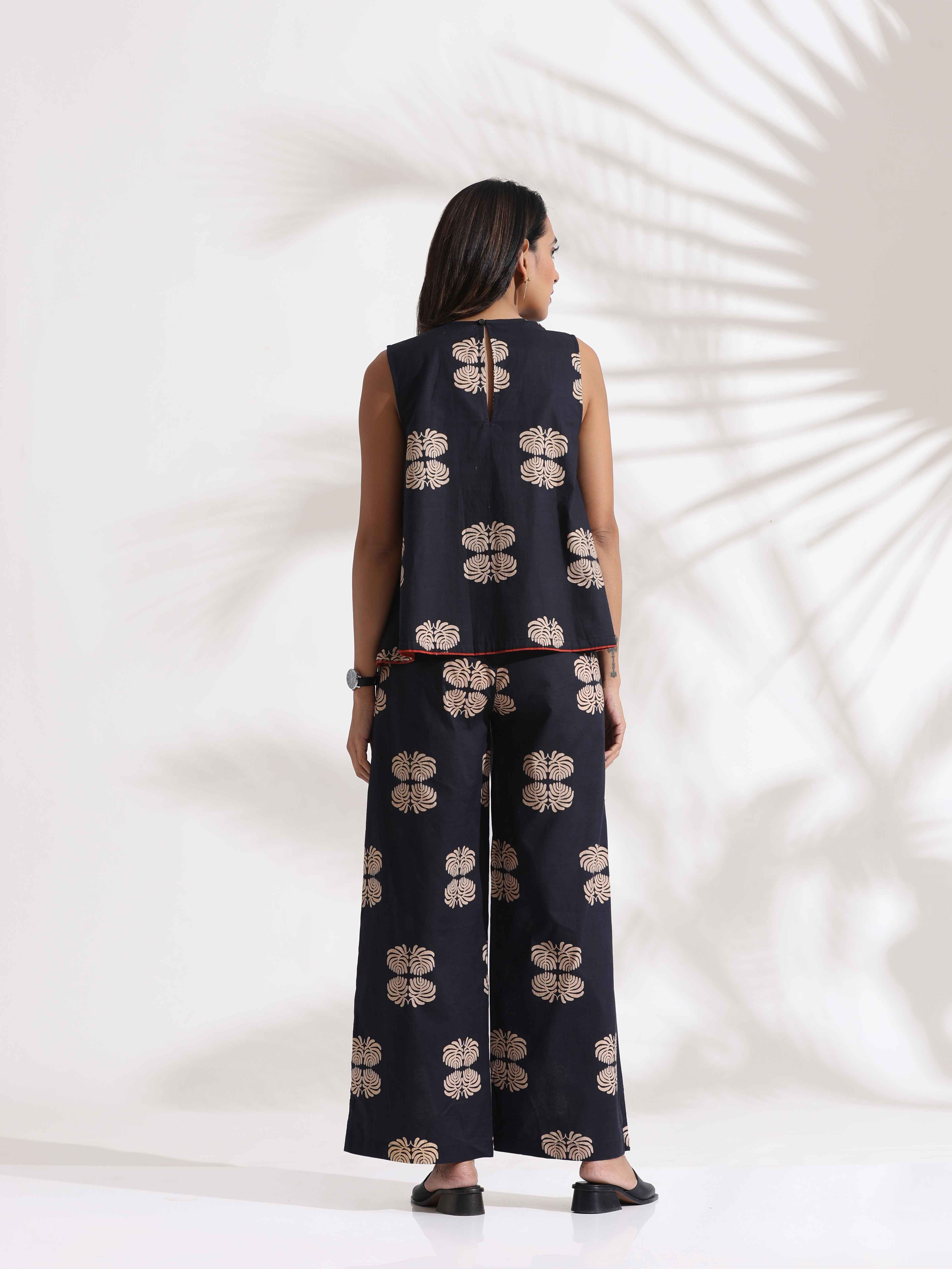 trueBrowns Black Cotton Print Top & Flared Pants Co-ord Set