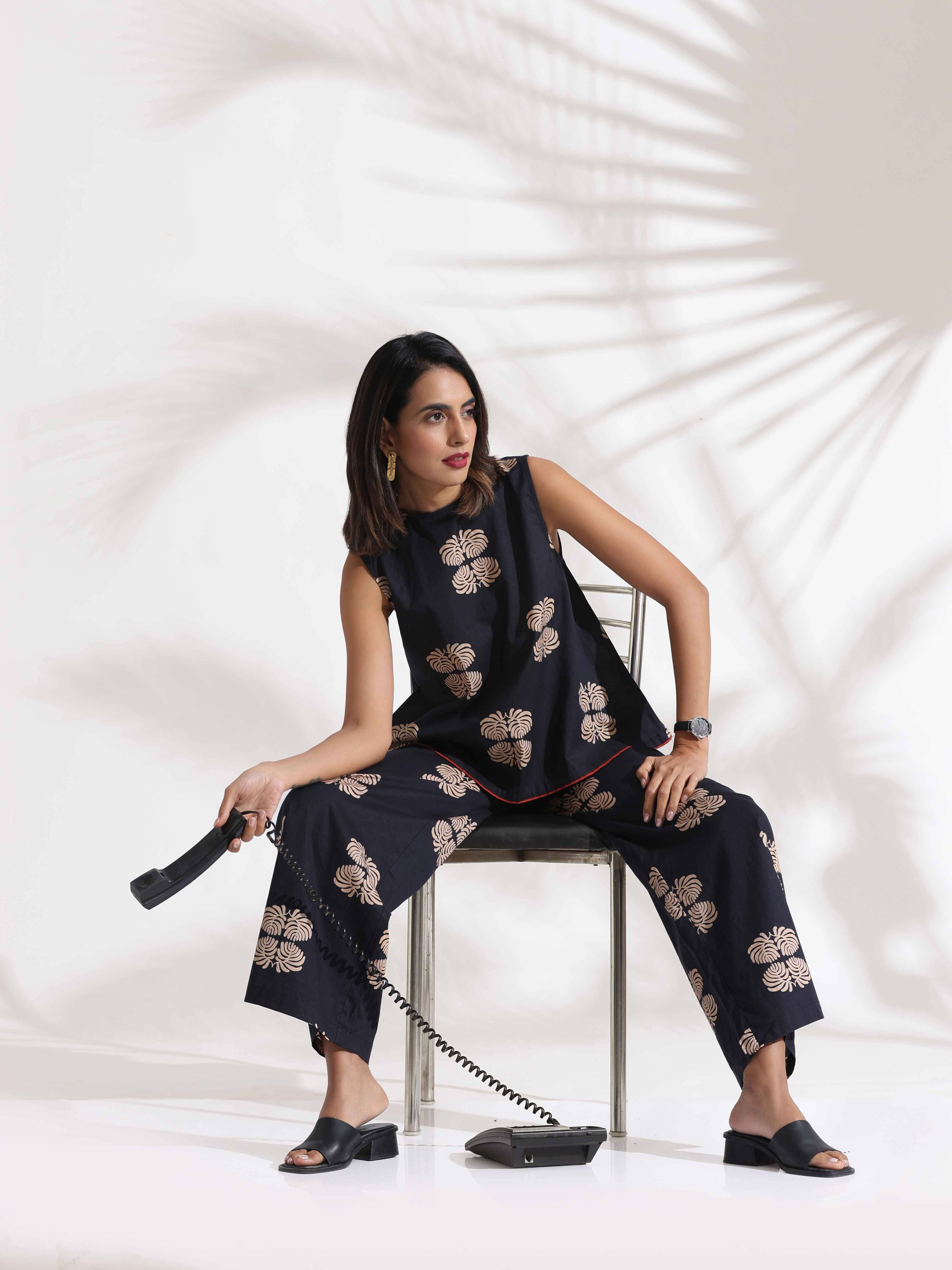 trueBrowns Black Cotton Print Top & Flared Pants Co-ord Set