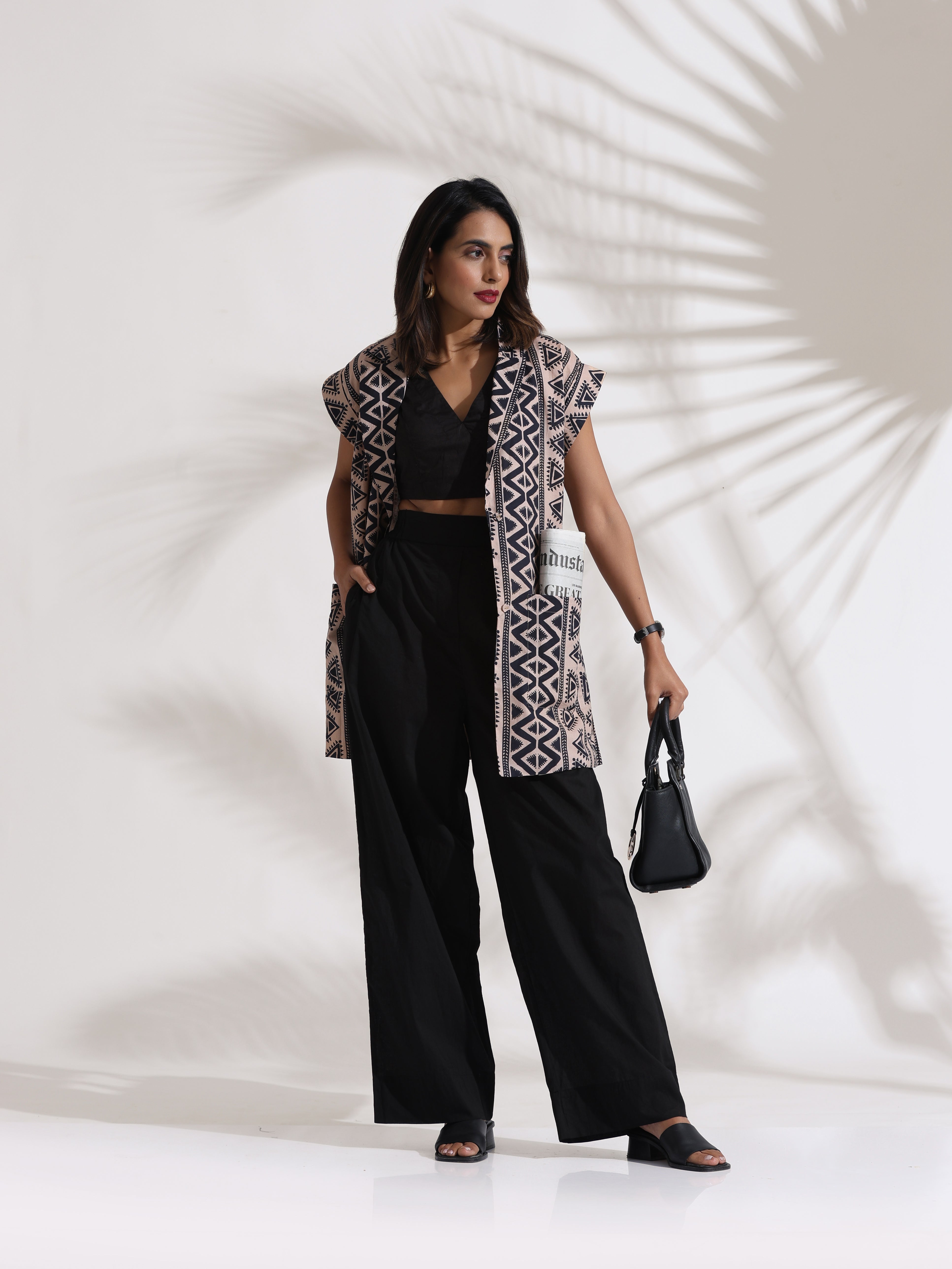 trueBrowns Beige Cotton Geometric Print Jacket Co-ord Set