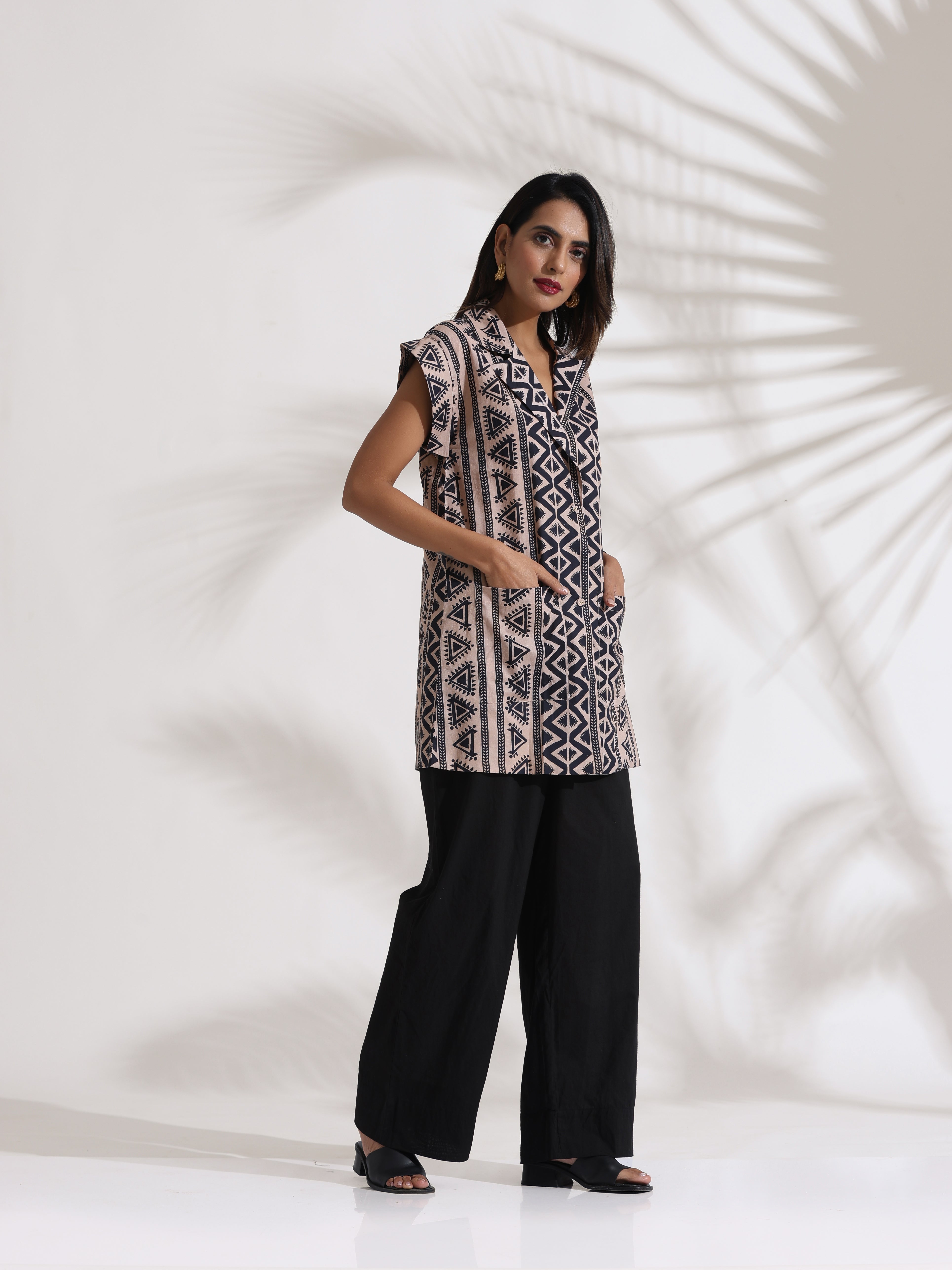 trueBrowns Beige Cotton Geometric Print Jacket Co-ord Set